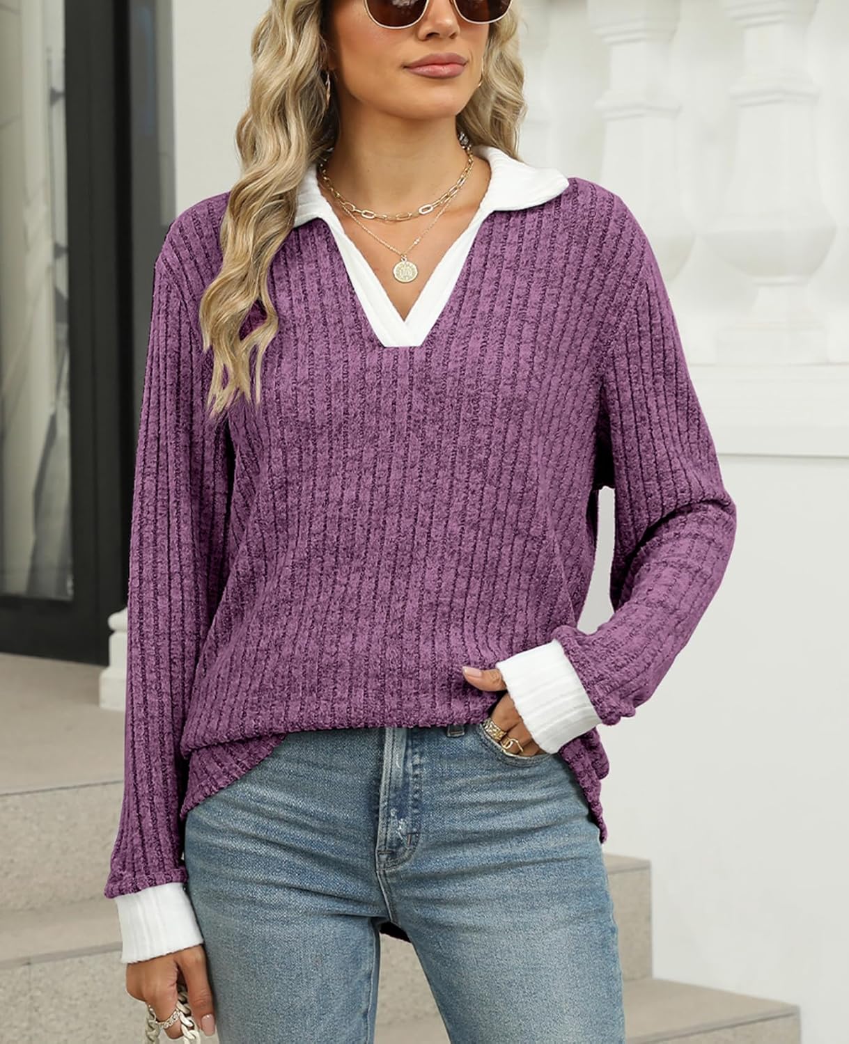 BAISHENGGT Women's Contrast Collared Shirts Casual Long Sleeve Ribbed Fall Tops Lightweight Tunic Sweaters - Image 2