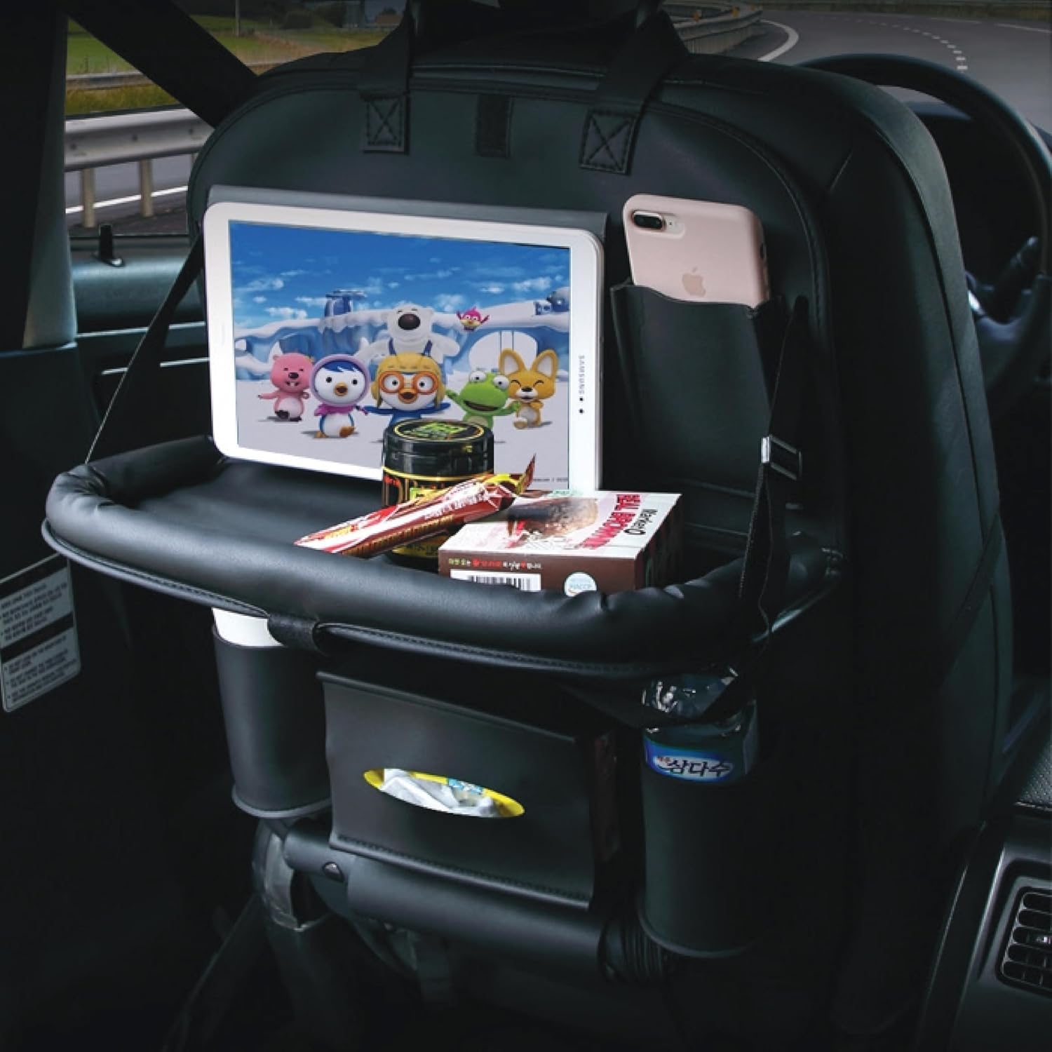 Car Backseat Organizer with Built-in Foldable Tray | Double Layered Leather, Waterproof Car Seat Organizer with - Pockets | Easy Installation, Perfect for Family Trips and Daily Use