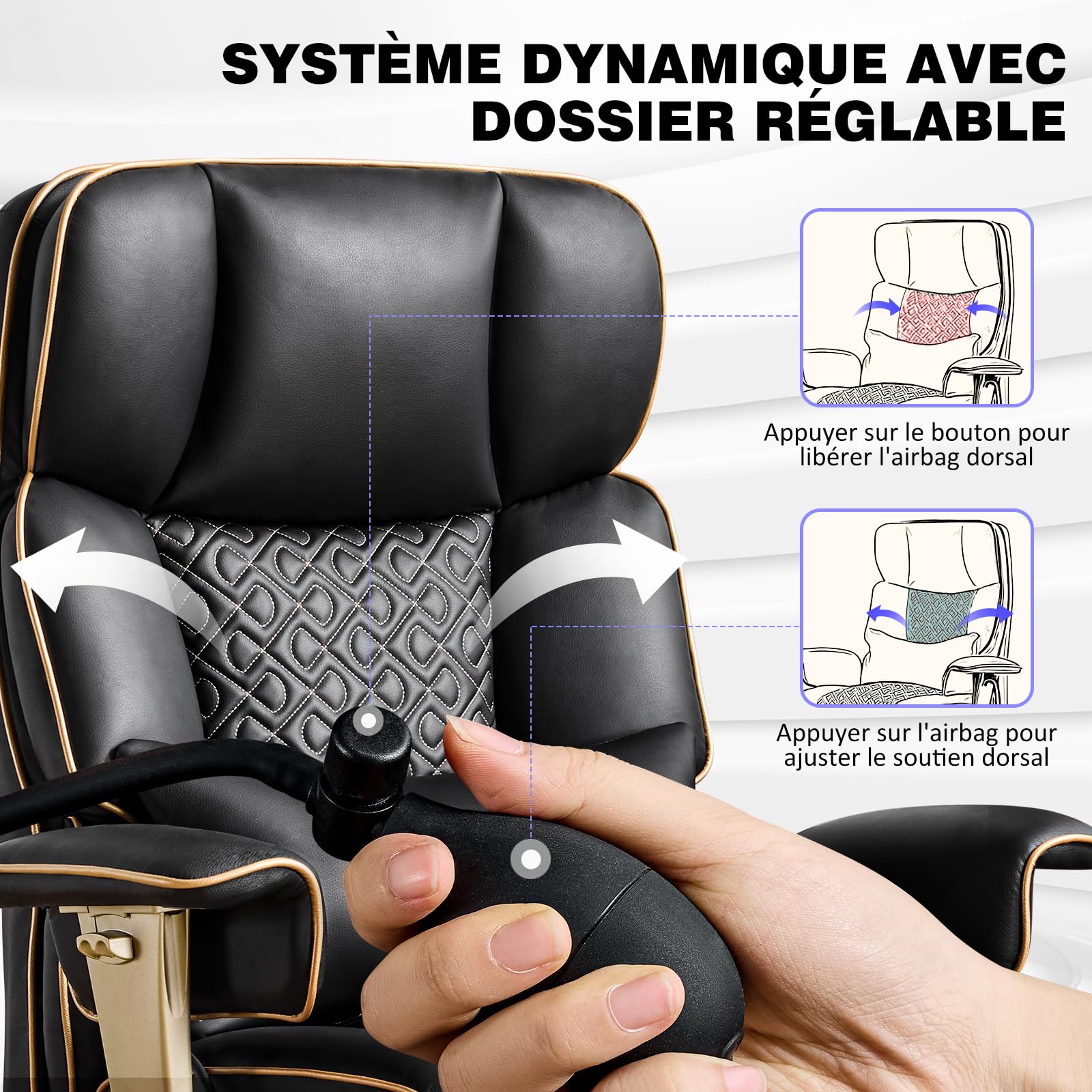 Chaise De Bureau Ergonomique Avec Accoudoirs Réglables Et Soutien Lombaire, Chaise De Direction Robuste En Cuir, Grande Et Haute, Supportant Jusqu'à 230 Kg, Avec Siège Réglable En Hauteur, Noir