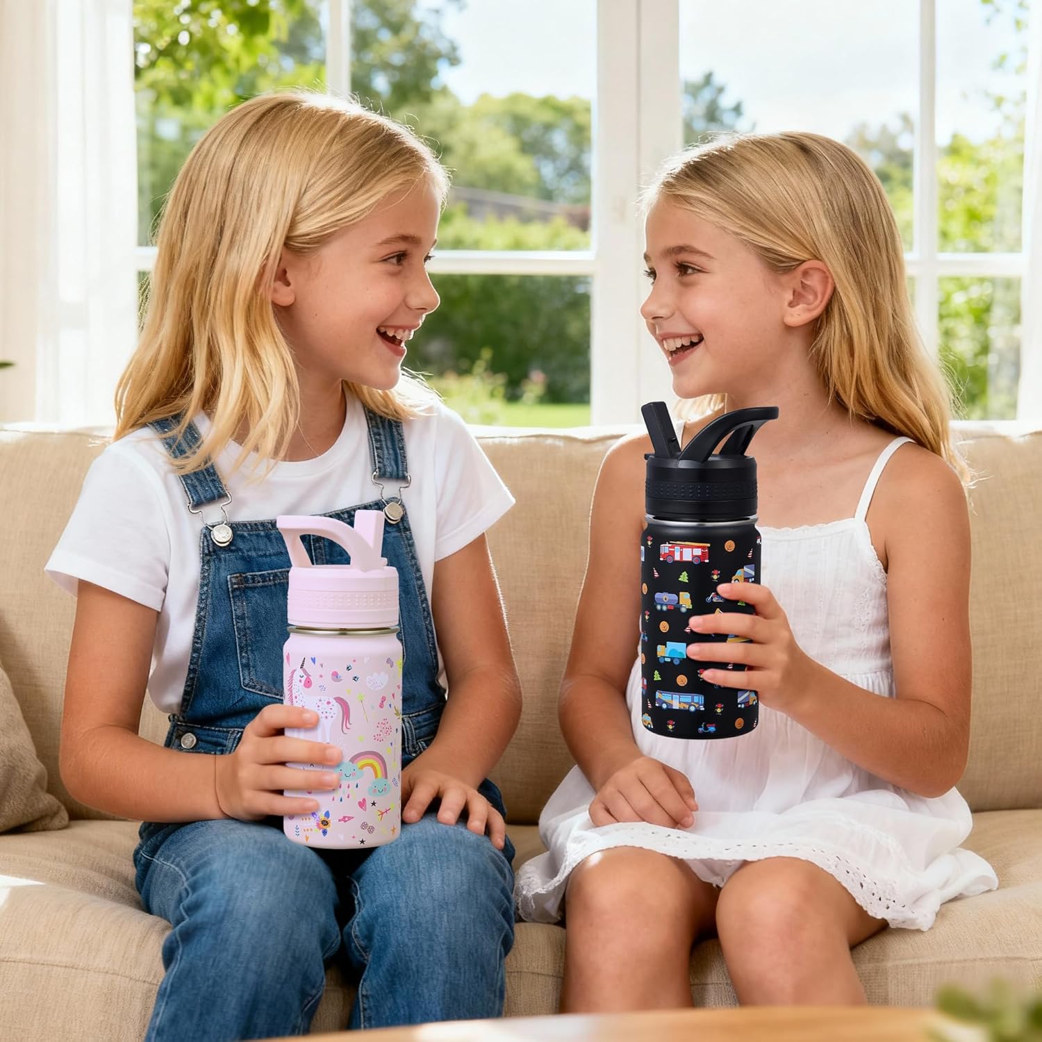 2 Pack Kids Water Bottle,14 Oz Stainless Steel Water Bottle with Straws, Leak-Proof, BPA-Free, Insulated Water Bottles for School Boys & Girls|Black Car + Pink Unicorn