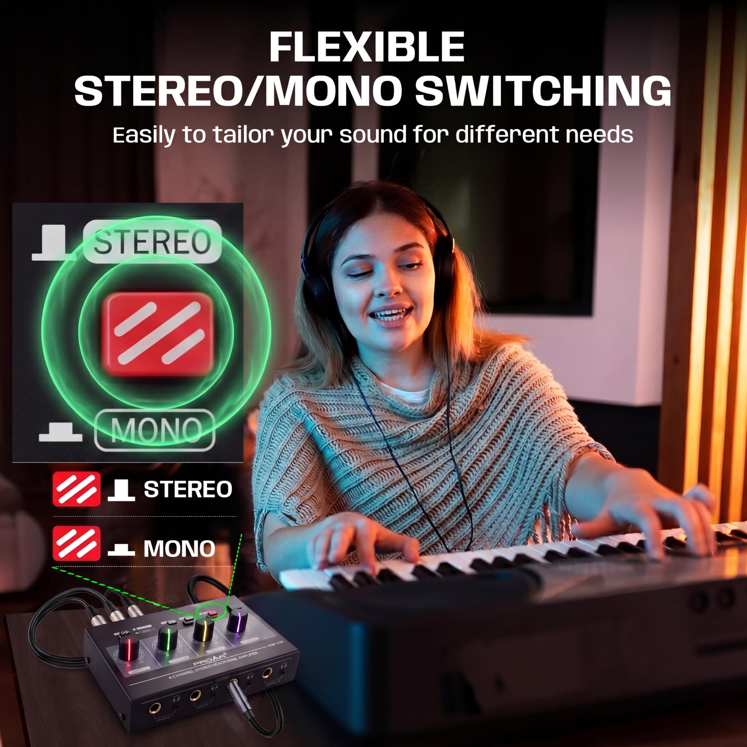 Amplificatore per cuffie a 4 canali con luce a 7 colori, amplificatore per cuffie per studio musicale con splitter audio per cuffie mono/stereo multi-porta in metallo con uscita cuffie TRS da 1