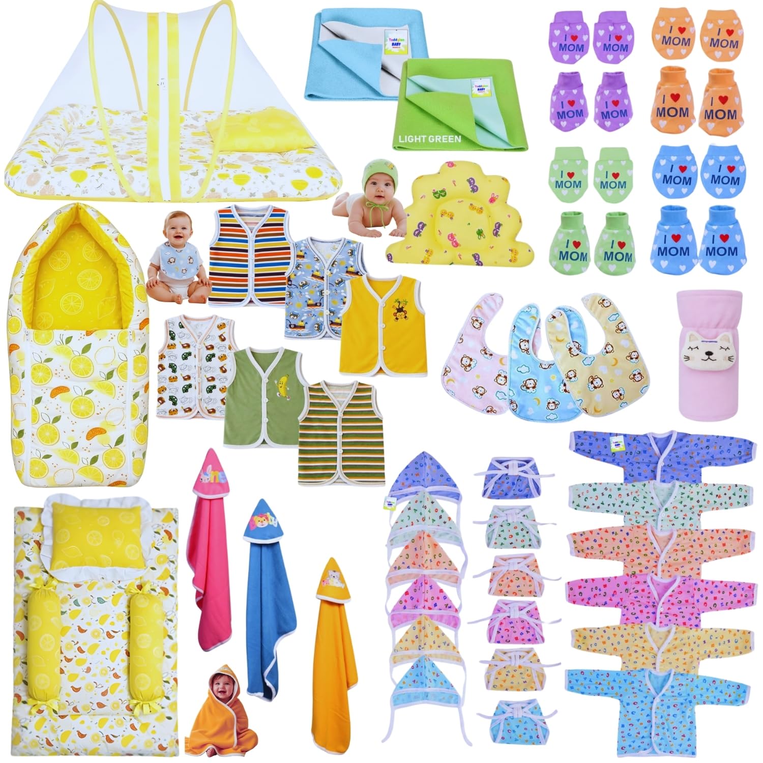 Toddylon Newborn Baby Essentials Kit 46 Items Combo Set | Baby Kit for New Born 0–6 Months | Hospital Bag & Newborn Bedding Clothing Set (Yellow)-image-46
