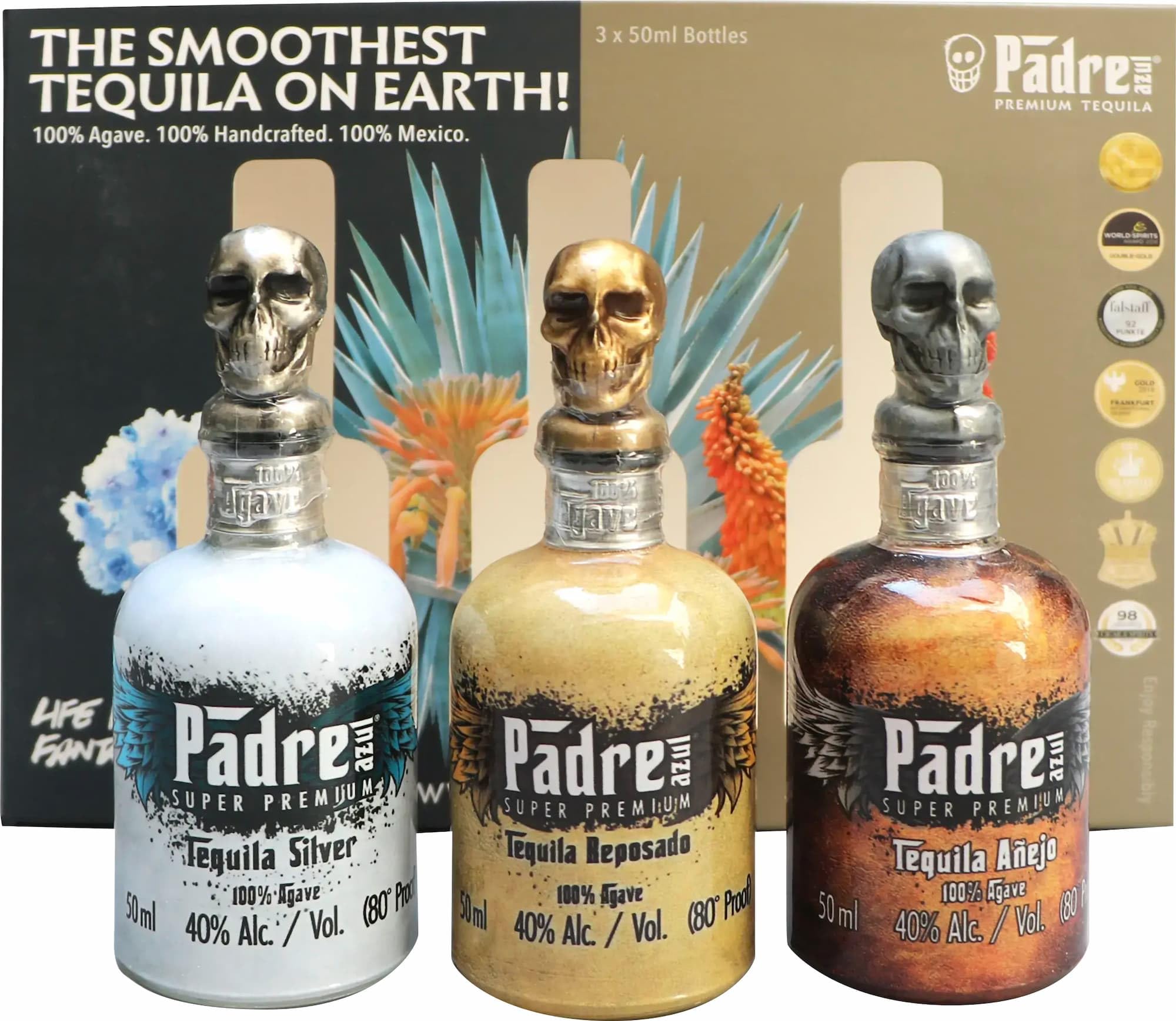 Padre azul Tequila Trio Tasting & Geschenkset mexikanischer Super Premium Tequila Silver Reposado Anejo 40% vol. 3x50 ml