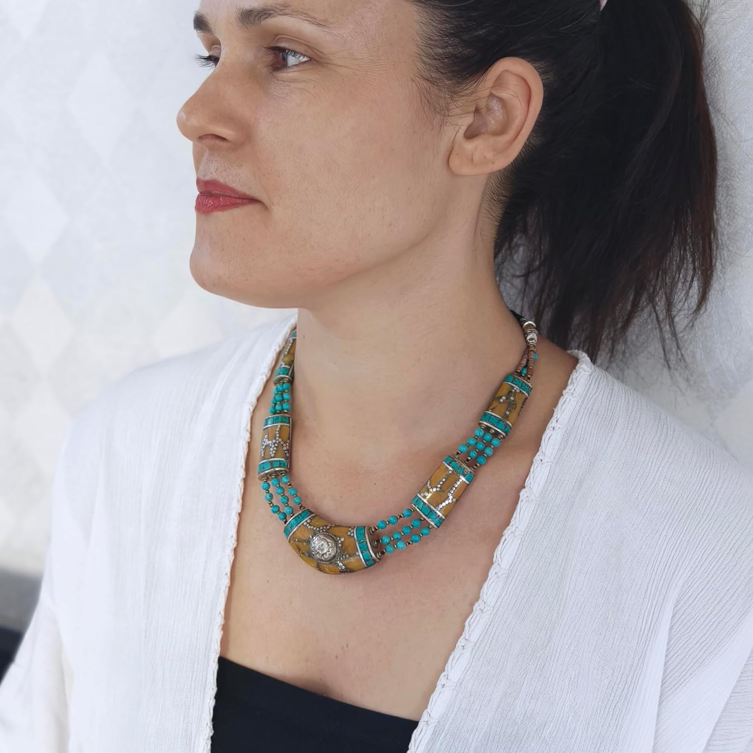 Tibetan Silver Artisan Turquoise Amber Statement Necklace for Women Bohemian Choker Collar Jewelry Festival Necklace