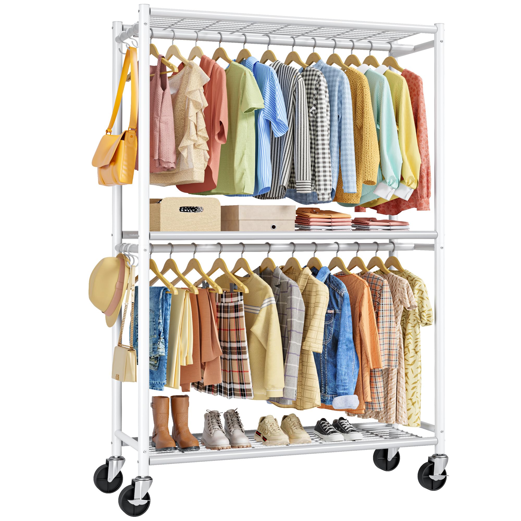 Sakugi Clothes Rack - 45.2" x 12.6" x 80.7" Clothing Rack with Shelves &amp; Wheels, Multi-Functional Wardrobe Closet with Hooks, Sturdy Metal Garment Rack for Bedroom, Laundry, Balcony (White)