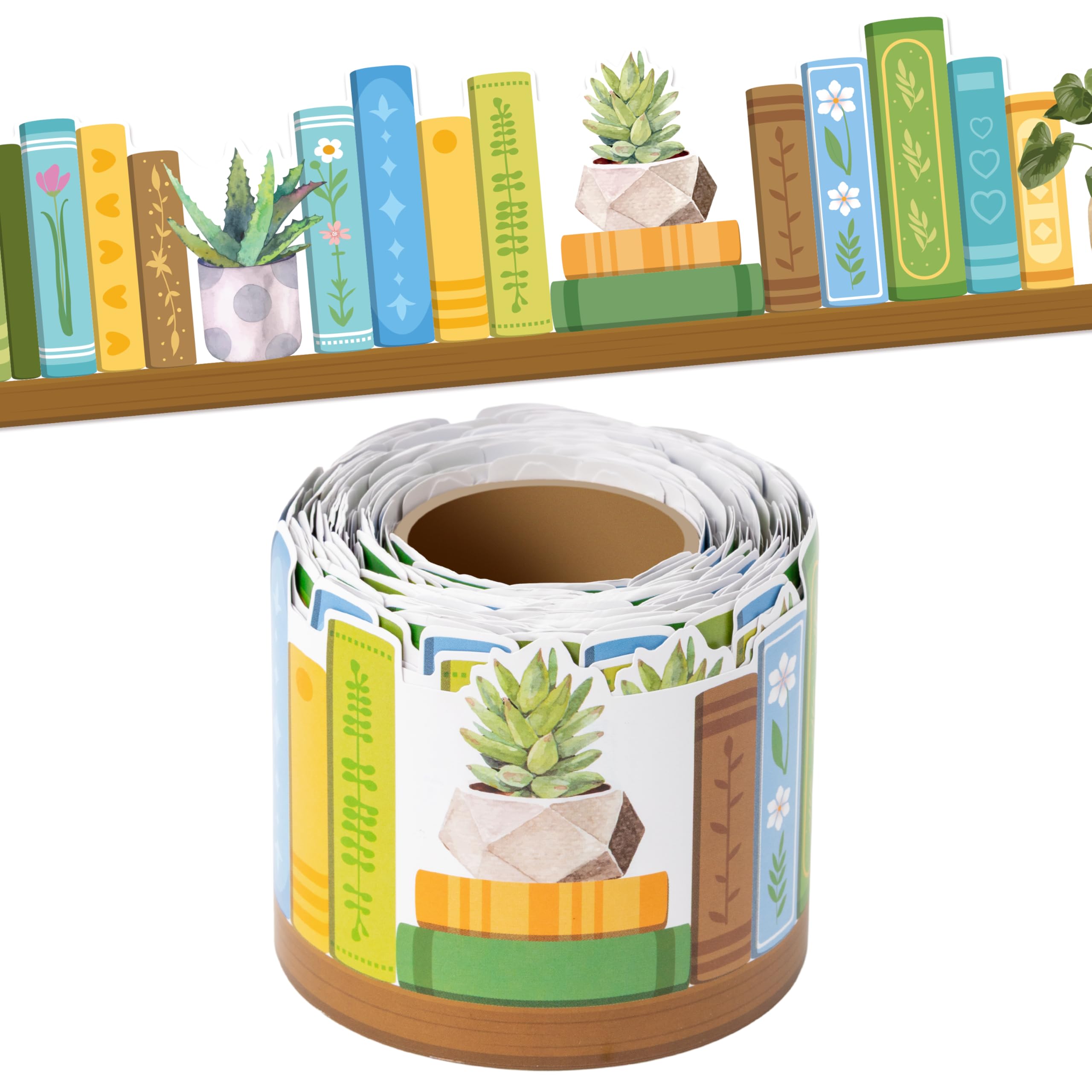 BeYumi Plant Bookshelf Border Trim - 65ft Back to School Green Plant Books Rolled Border Trim Green Potted Plants Bookshelf Bulletin Board Set Library Classroom Office Chalkboard Home Wall Party Decor