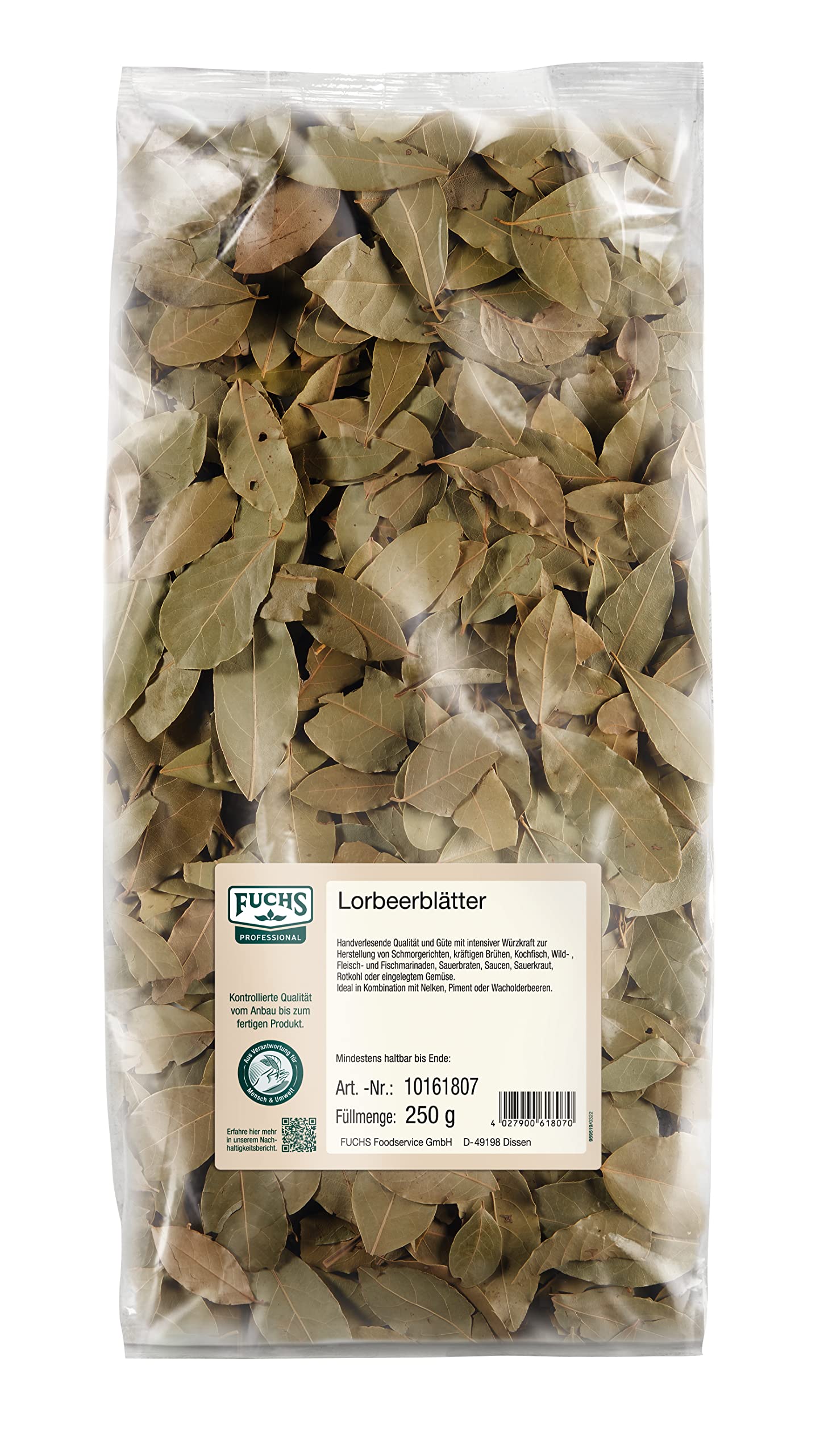 Fuchs Professional - Lorbeerblätter | Getrocknete Lorbeerblätter zum Würzen von deftigen Fleischgerichten, Eingemachtem oder Saucen || 250 g im großen Beutel