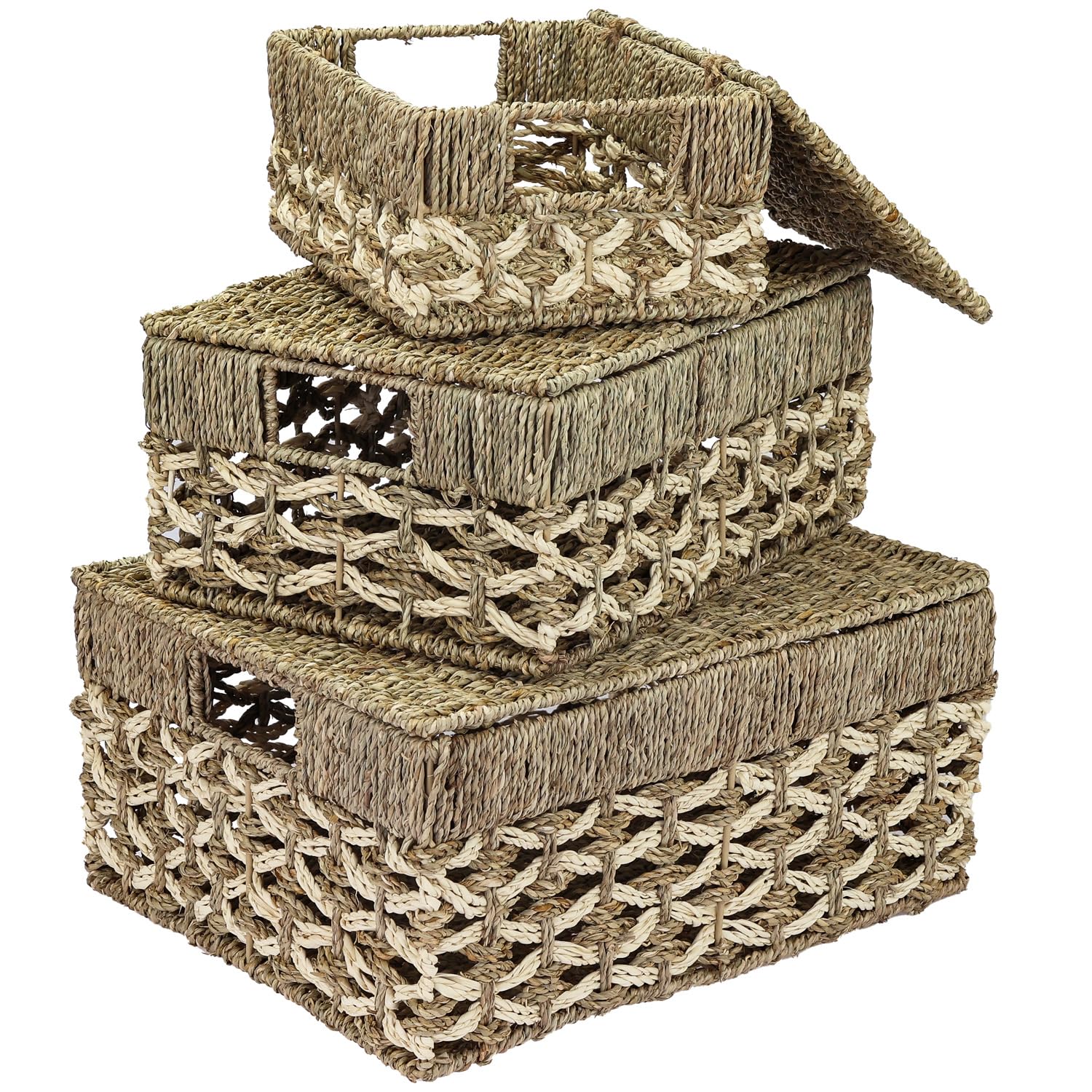HMF Storage Basket with Lid, Set of 3, Seagrass and Palm Leaves Woven Baskets | Small, Medium, Large