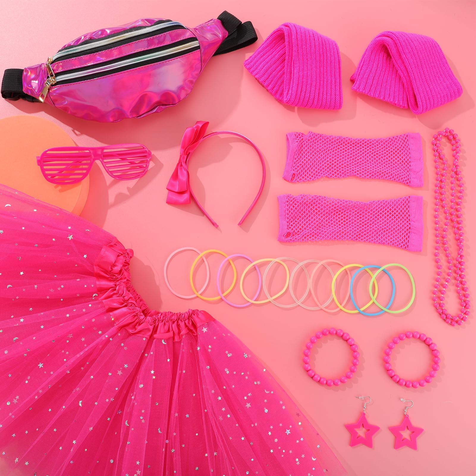Partideal 80s Fancy Dress for Girls,23Pcs 1980s Fancy Dress Costumes Accessories Set Kids Tutu Leg Warmers Fishnet Gloves Necklace Bracelets Bow Headband Star Earrings Glasses Bumbag Rave Accessories - Image 3