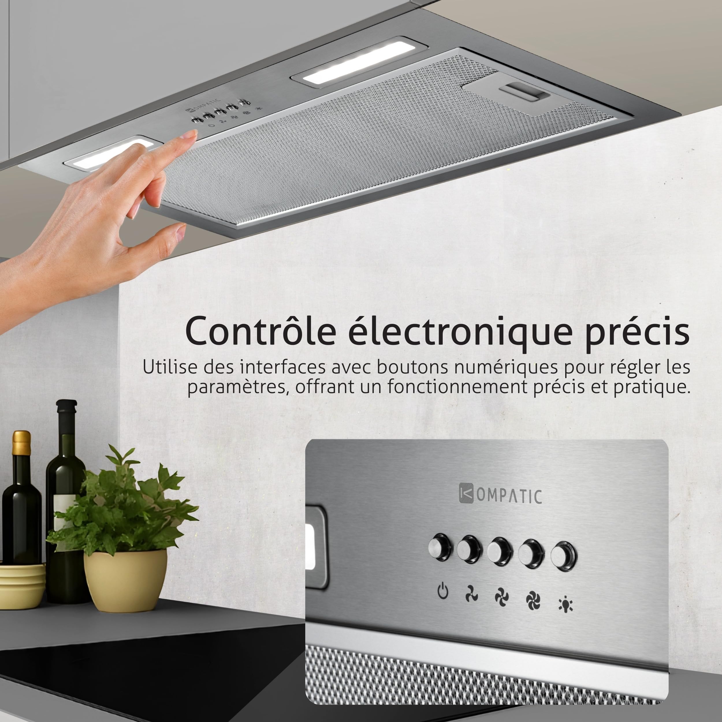 Lane 50 KLN50SI Hotte Aspirante Encastrable, A+++, 50 cm, 450 m³/h, Filtre à Charbon KCF4 Inclus, Minuterie, Contrôle électronique, LED, 3 vitesses + boost, Acier, Évacuation ou Recyclage