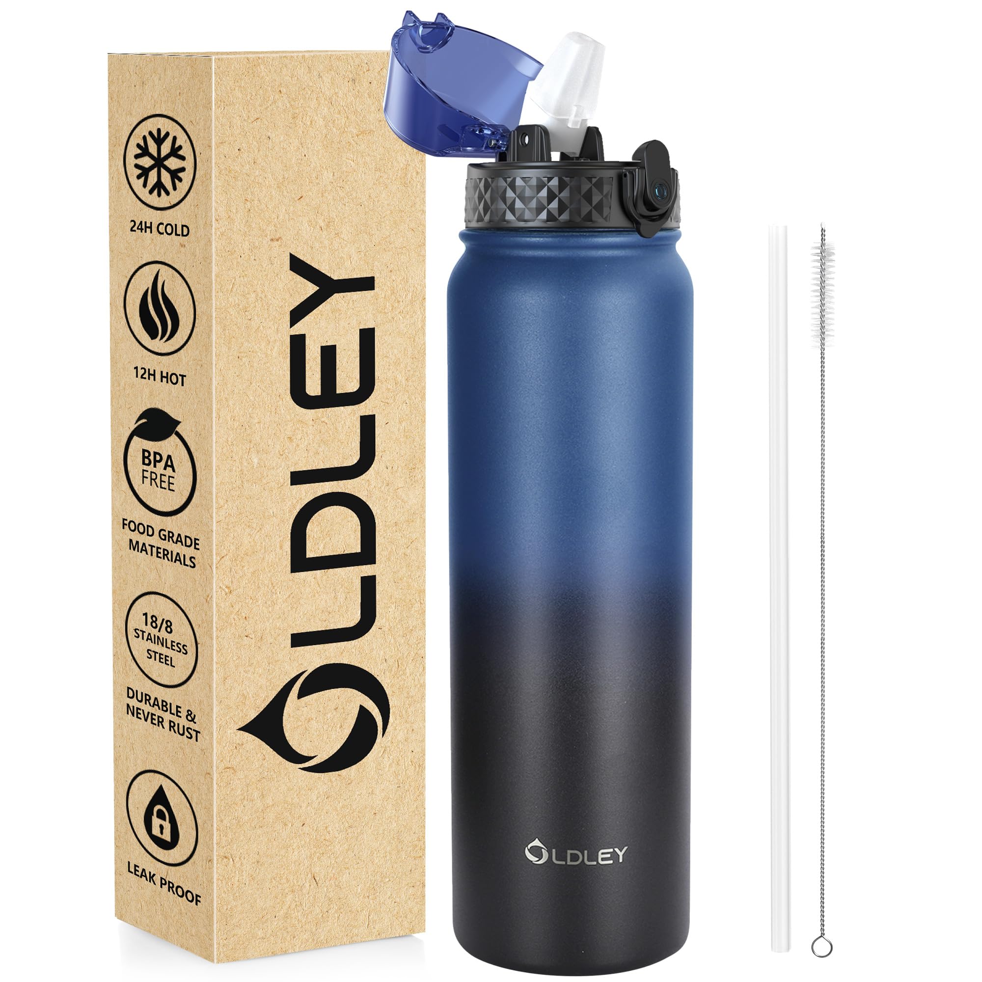 OLDLEY Stainless Steel Water Bottle with Straw 1L Vaccum Insulated Large Drink Flask Metal Water Bottles 1 Litre Leakproof Keep Drinks Hot Cold for Sports Gym Travel Adult Women Men(Blue Black
