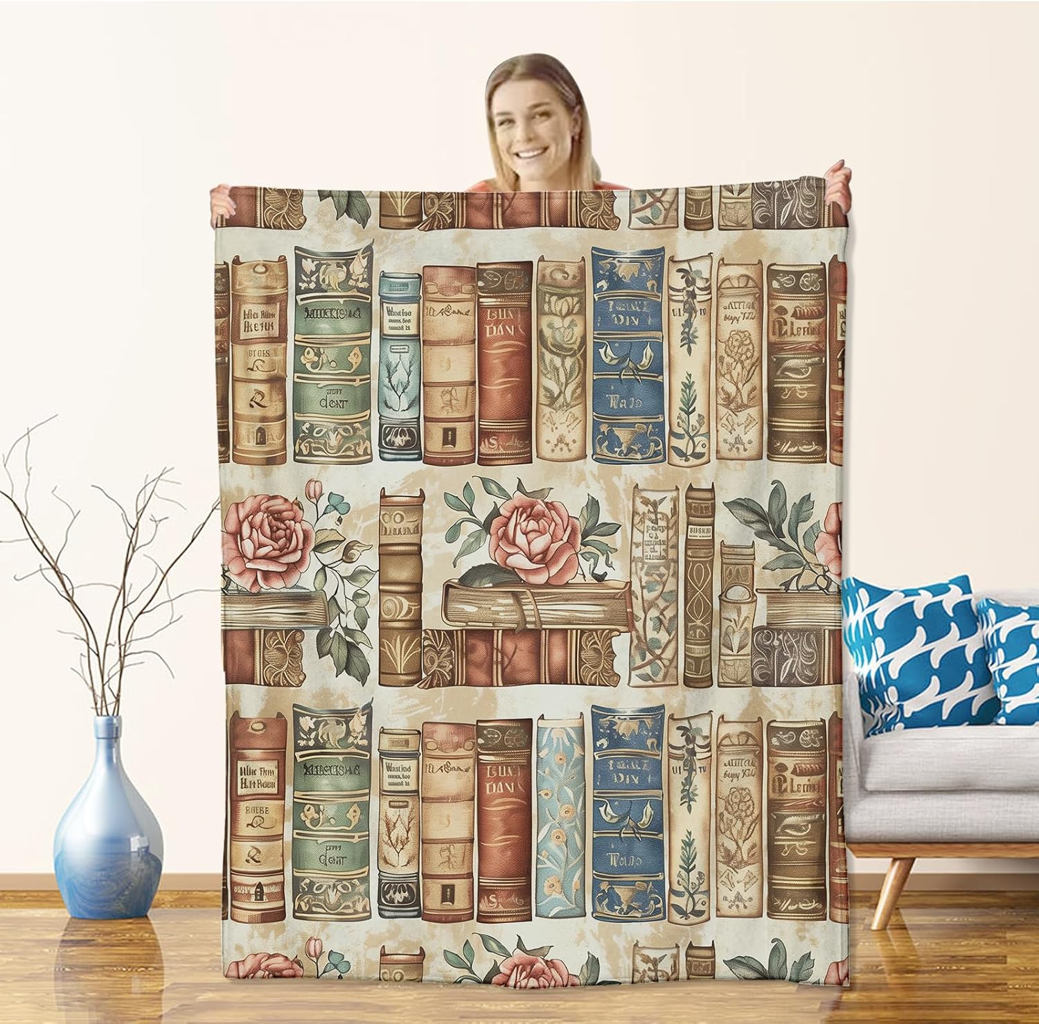 Book Blanket for Adults Book Lovers Kids Girls, Flannel Book Blankets Gifts, Rose Book Throw Blanket for Sofa Couch Bed Living Room Soft Warm Cozy Book Decor 60"" x 50""