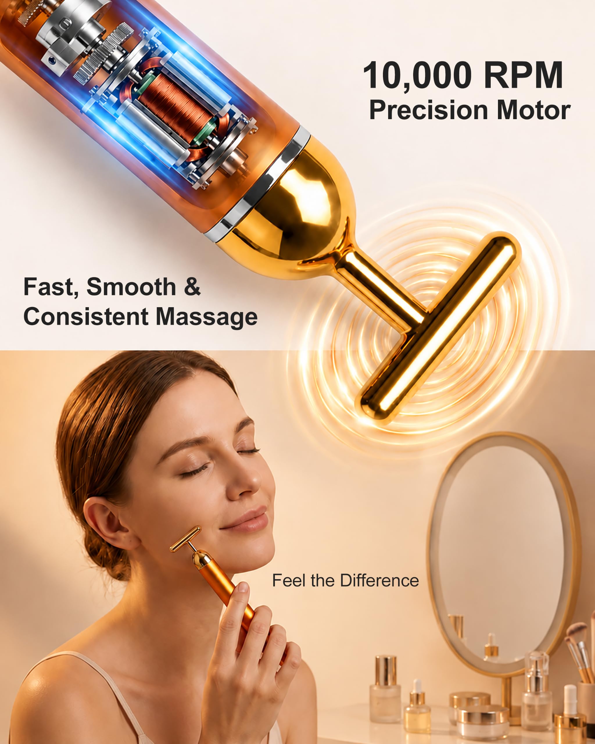 Rodillo masajeador facial recargable, masajeador facial con barra en T vibrante dorada y rodillo facial 3D para drenaje linfático, depuffer facial para mandíbula, cara hinchada y rutina de