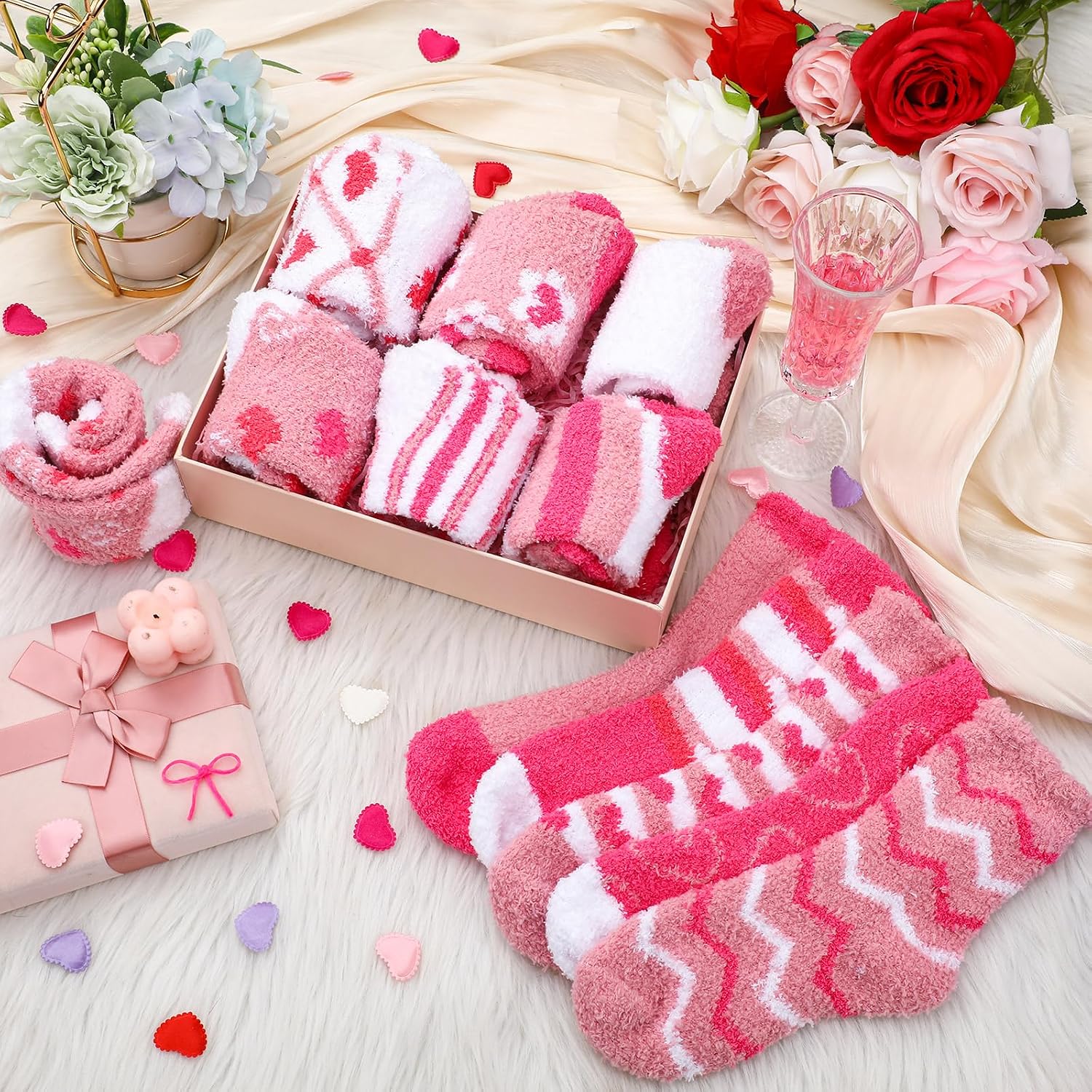 18 Pairs Valentine's Day Fuzzy Socks for Women in Bulk Cozy Red Pink Heart Socks Fluffy Galentines Day Gifts Bulk