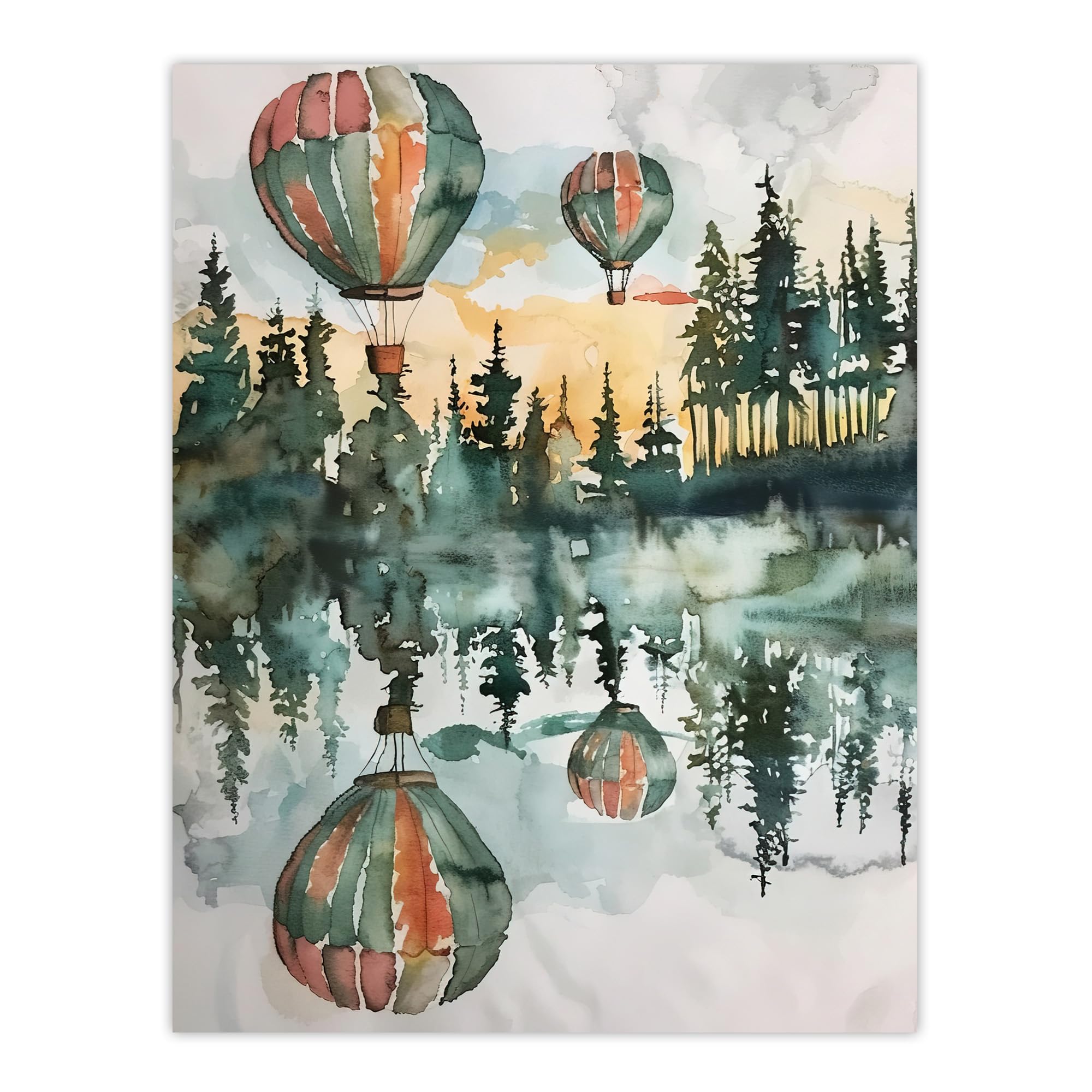 Artery8 Hot Air Balloons Forest Lake Watercolour Painting Living Room Large Wall Art Poster Print Thick Paper 18X24 Inch