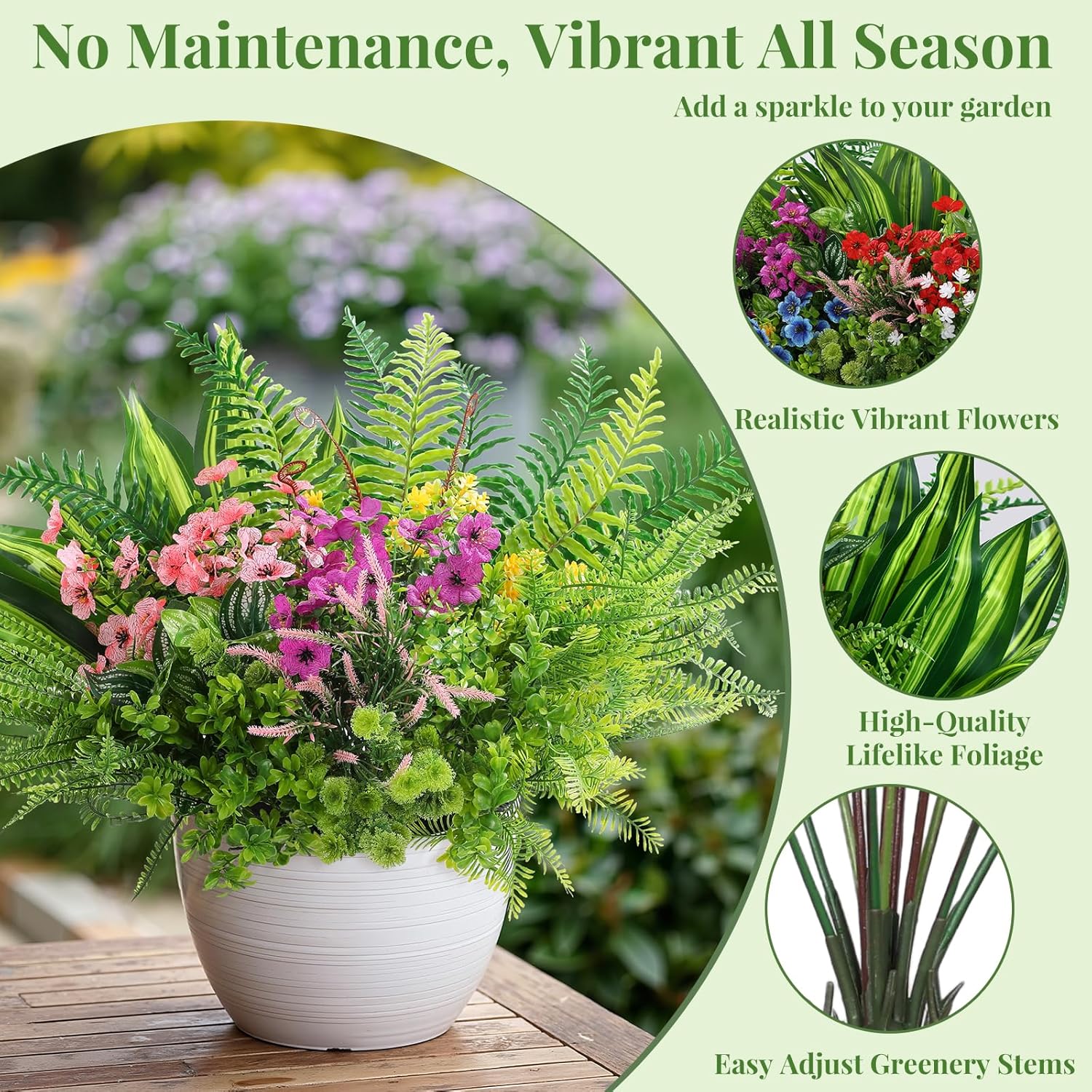 Alupssuc 24Pcs Artificial Flowers and Plants,UV Resistant & No Fade Fake Plastic Greenery Shrubs for Home Garden, Pathway, Front Porch-Spring Summer Decor, Indoor/Outdoor Use,Red Purple Pink Blue