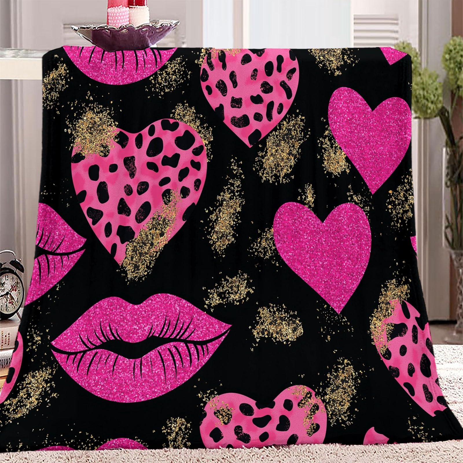 Colorato Coperta Sherpa Coperta in microfibra per divano Cuore labbra al neon Coperta in peluche stampata 200 x 220 cm Coperta autunnale ultra morbida e pelosa