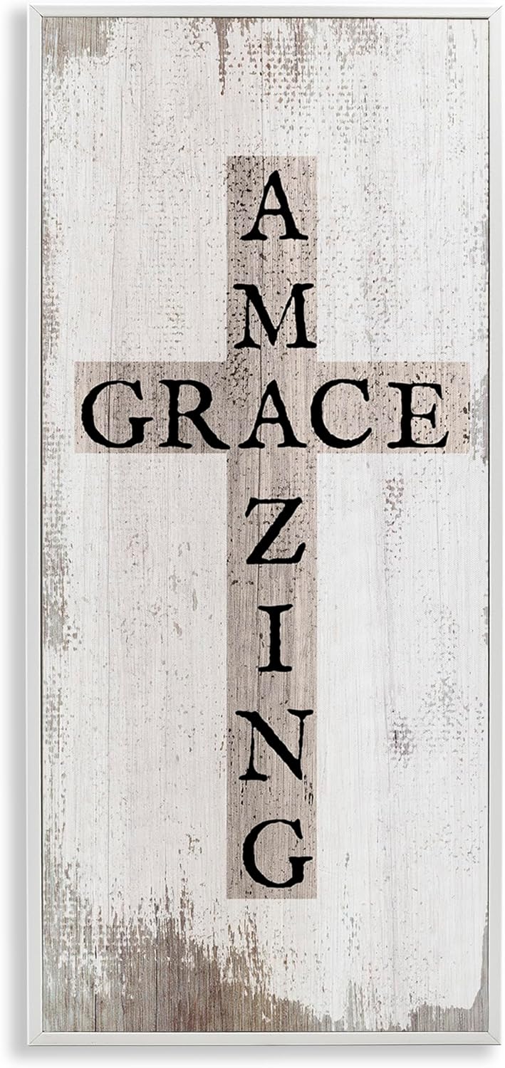 Stupell Industries Amazing Grace Rustic Cross with Distressed Paint, Design by Daphne Polselli White Framed Wall Art, 13 x 30, Brown