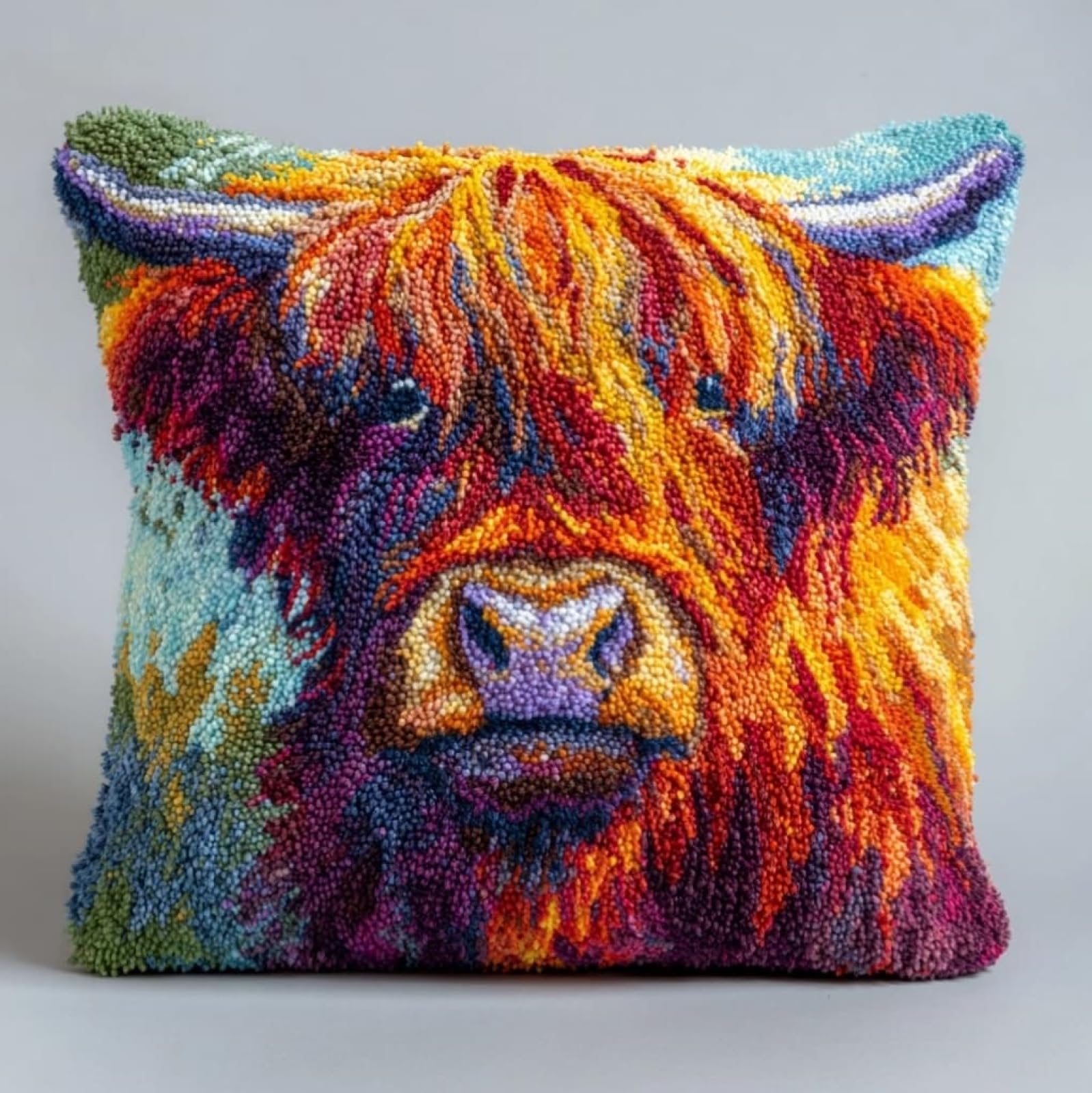 AxiangziK Pre-Printed Latch Hook Pillow Kit,Highland Cattle 17x17 inch Latch Hook Cushion Kits for Adults Beginners,DIY Embroidery Cushion for Home Sofa Decor & Gift Idea