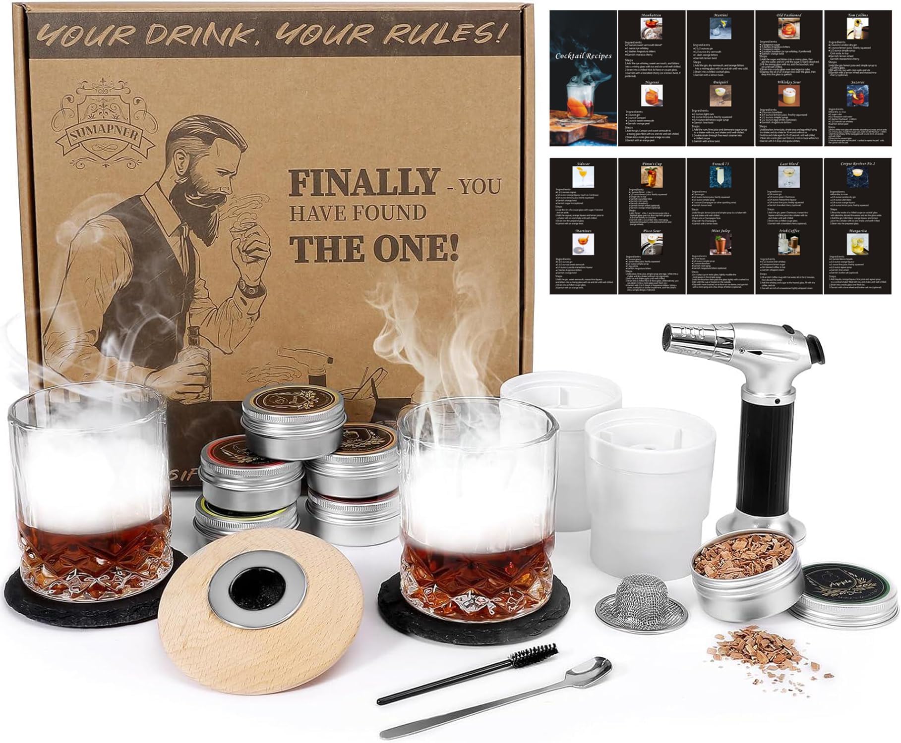 Whiskey Cocktail Smoker Kit with Torch, 6 Flavors Wood Chips, 2 Whiskey Glasses, 2 Ice Ball Molds, Bourbon Old Fashioned Drink Smoker Kit, Gifts for Men, Father, Husband, Boyfriend(No Butane)