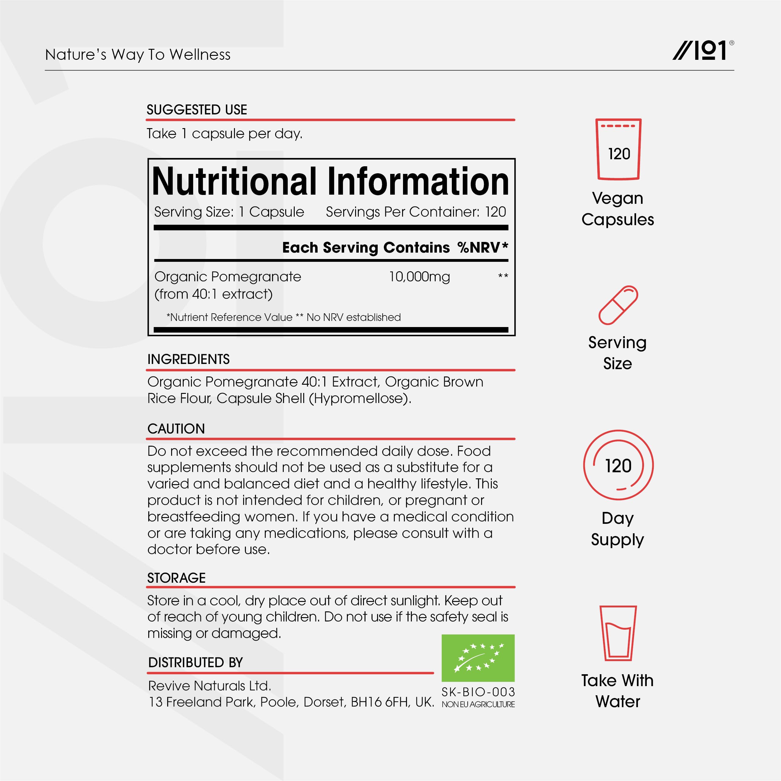 Extracto Orgánico de Granada 10.000 mg – 120 cápsulas veganas – Extracto de Punica granatum de alta potencia 40:1 – Bolsa resellable y reciclable de Alpha01