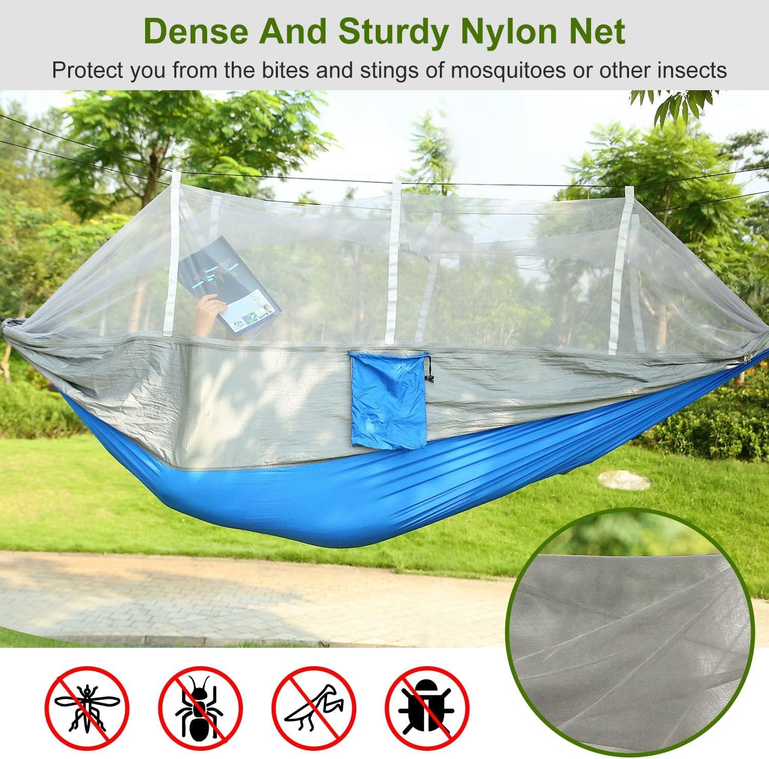 iMounTEK Camping Hammock 2 Persons Hammock with Mosquito Net for Bed Outdoor 600Lbs Load Hiking Camping Hammock& Hanging Kit Portable Nylon Swing Hanging Bed, Patio, Camping,Travel (Grey-Blue)