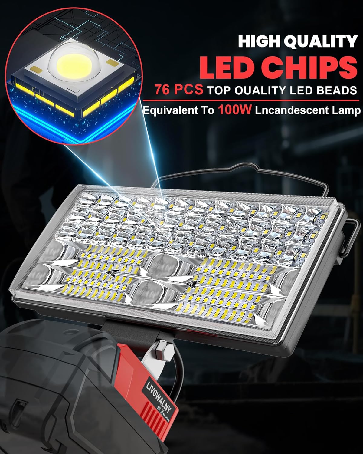 LIVOWALNY LED Work Lights Compatible with Milwaukee 18V Battery, 100W 10000LM 7" Flood Light Portable with USB & Type-C Charging Port & Low Voltage Protection 140° Pivoting Head, Battery Not Included