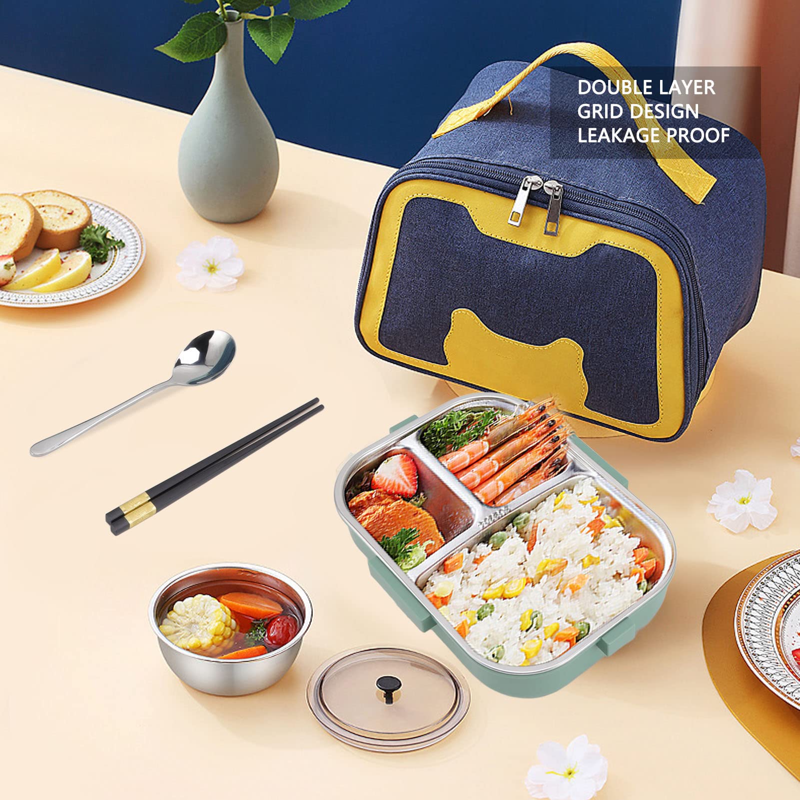 Fiambrera Bento, 1100ml Diseño de 3 Rejillas de Doble Capa, Fiambrera Térmica de Acero Inoxidable 304 con Palillos Cuchara Tazón de Sopa, Recipiente de Comida para Niños Estudiantes Adultos(Verde)