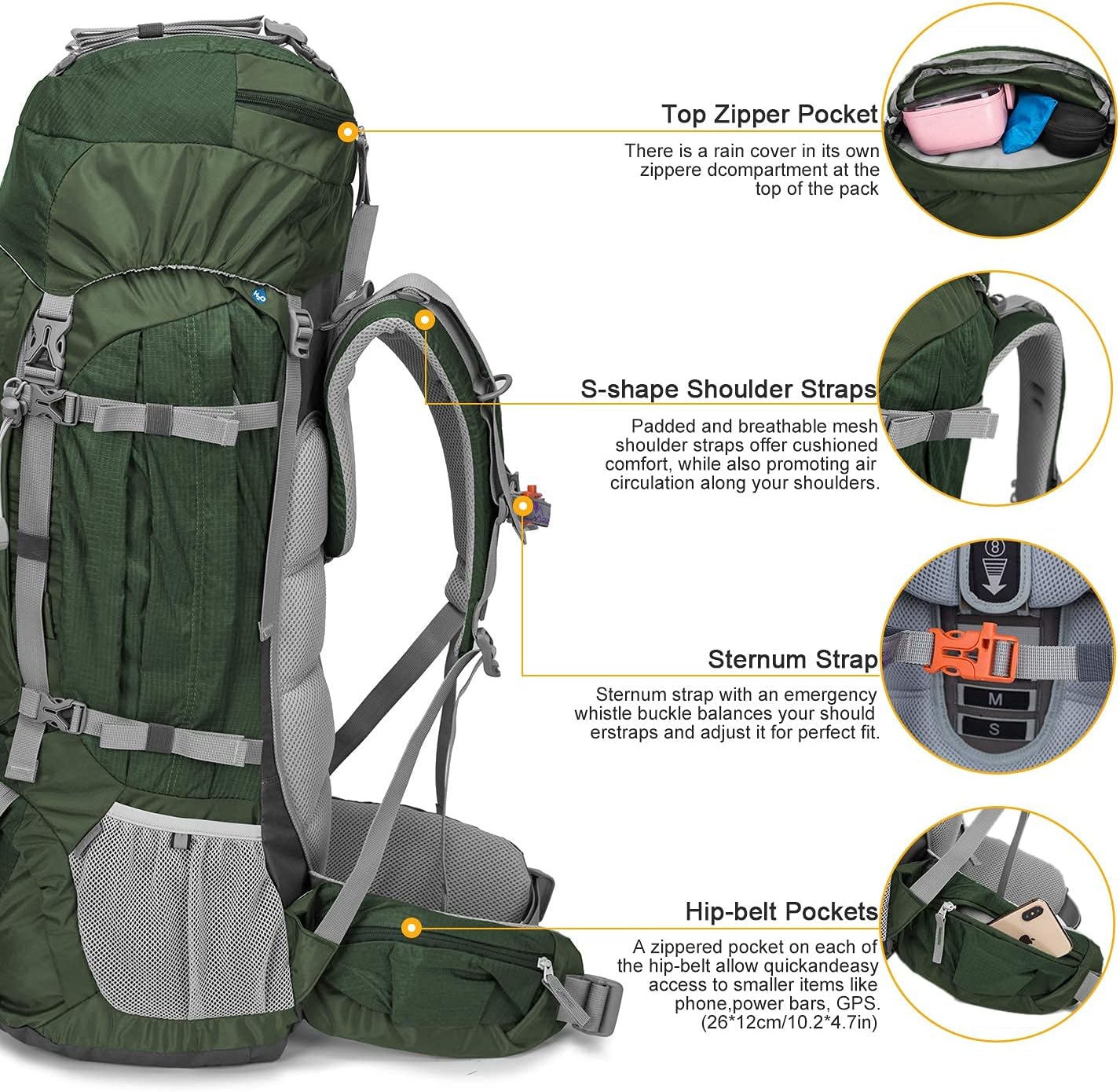 MOUNTAINTOP 80L Internal Frame Hiking Backpack for Man & Women Backpacking with Rain Cover