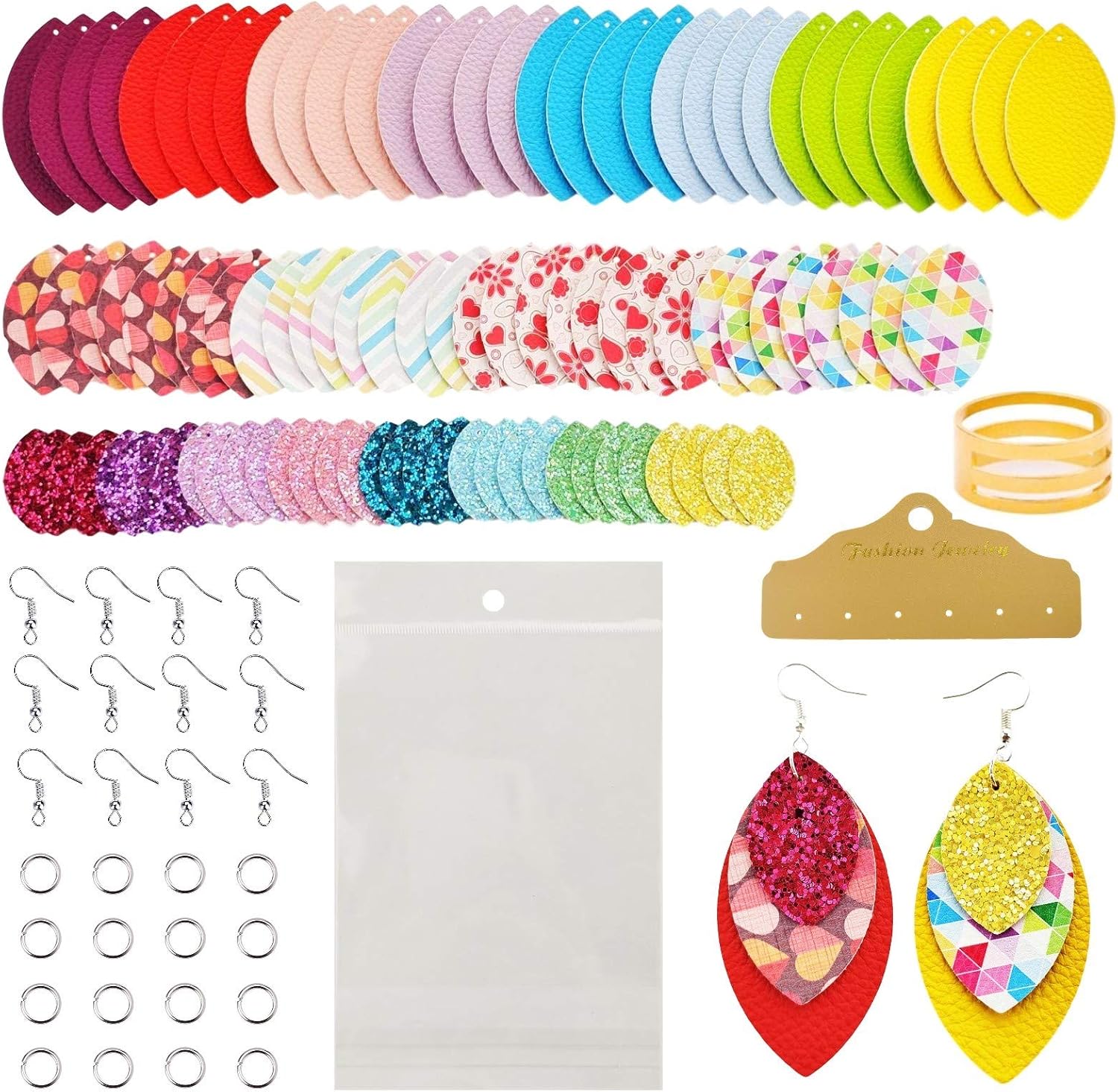 AOUXSEEM 321 Pcs Faux Leather Earrings Making Kit for Beginner, Contains 96 Pre Cut Evil Eye Earring Pieces with Hooks Jump Rings Opener Earring Display Cards and Self-Adhesive Bags