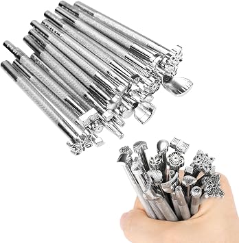 20pcs Leather Stamp Tools, 20 Styles Professional Leather Crafts Carving Set Premium Embossing Background Stamping Branding Making Tools Suitable for Belts Wallets Craft Working Silver