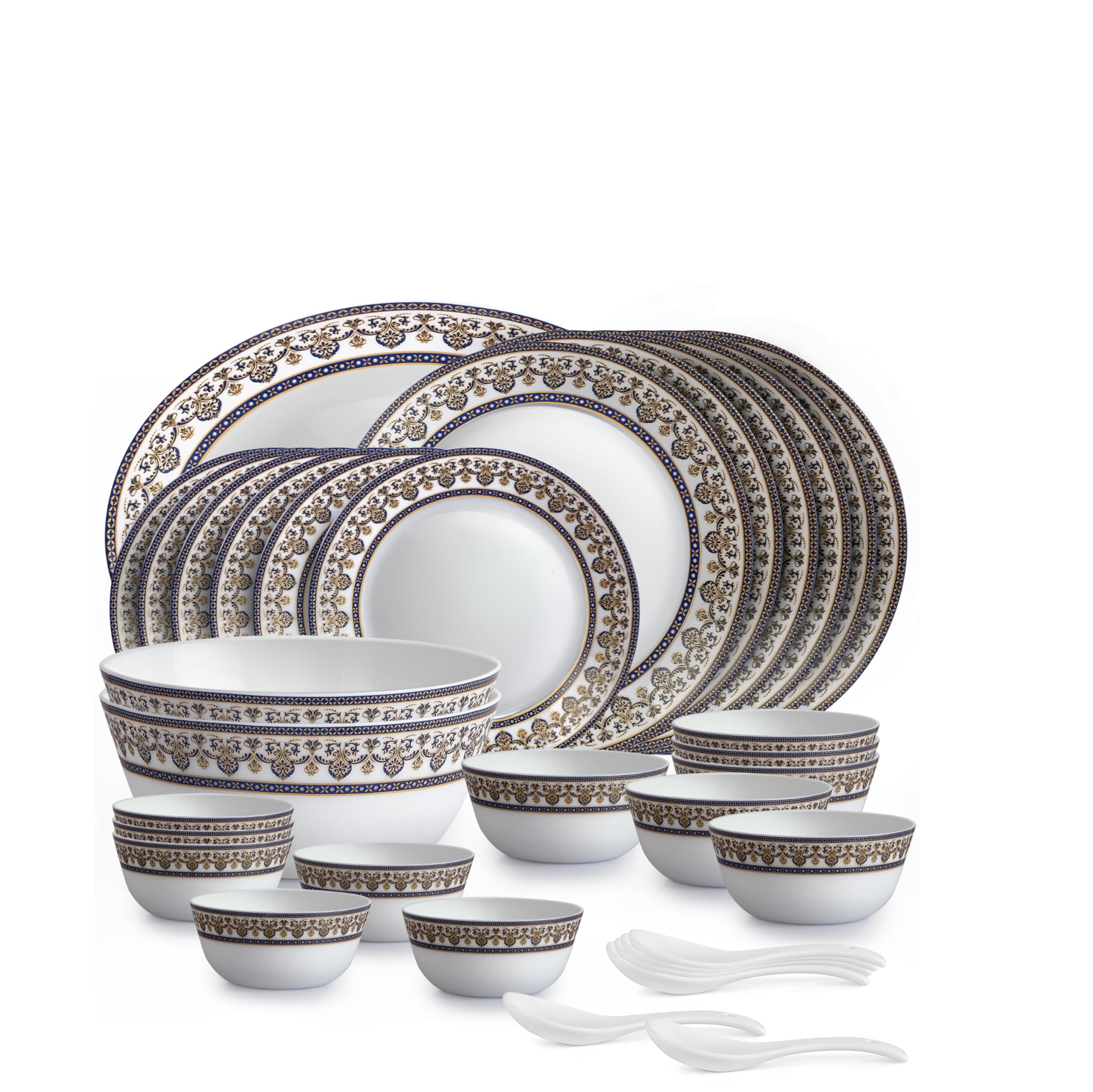 Amitabh Bachchan Opalware Solitaire Series Blu Dinner Set, 33Pcs | Opal Glass Dinner Set for 6 | Crockery Set for Festive Ocassions, Parties | White Plate and Bowl Set