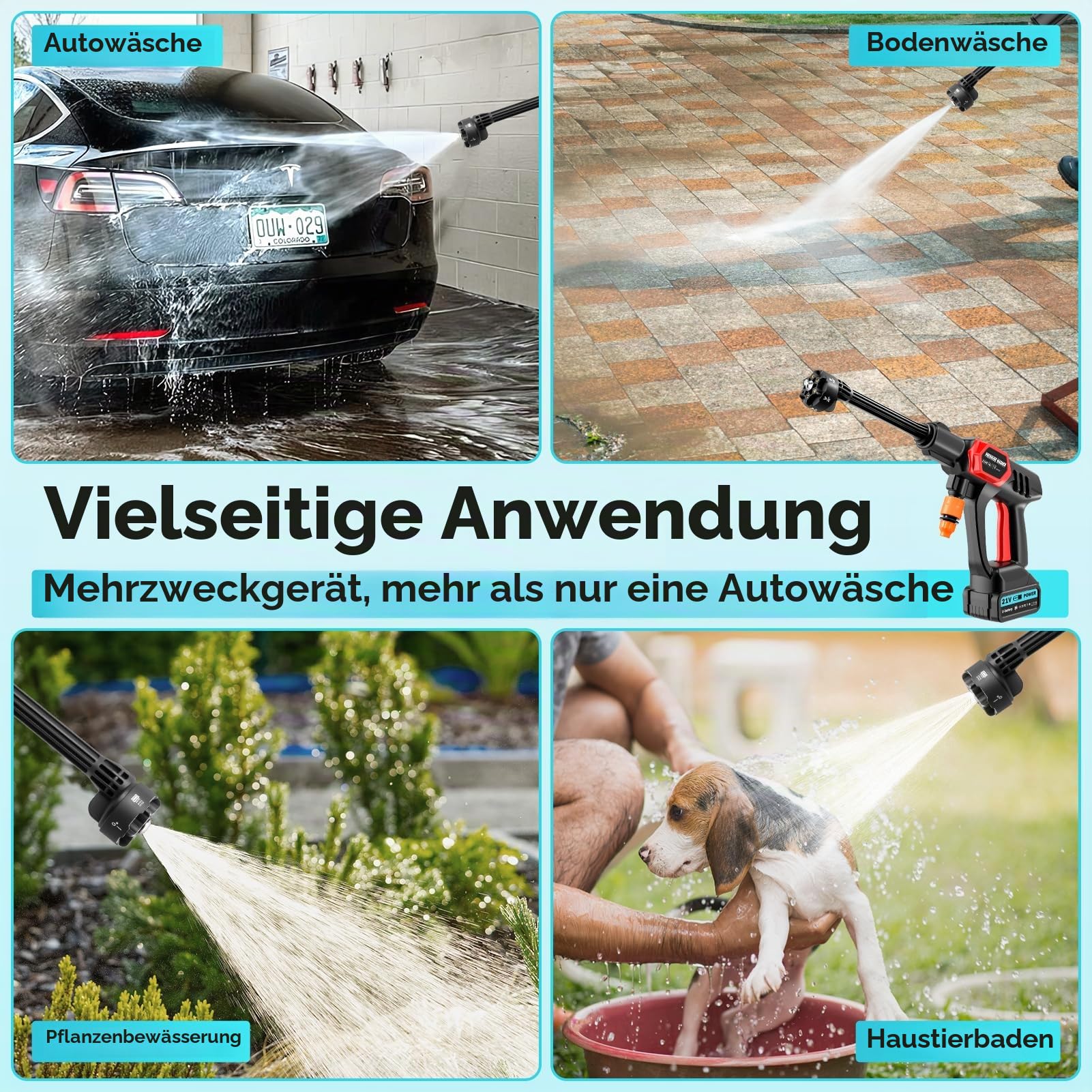Akku Hochdruckreiniger 80 Bar 270 L/H | Tragbarer Mobiler Pistole mit 2 x 3000mAh Akku | Kabellos Waschpistole 6-in-1 Verstellbare Düse 5M Schlauch für Auto Boden