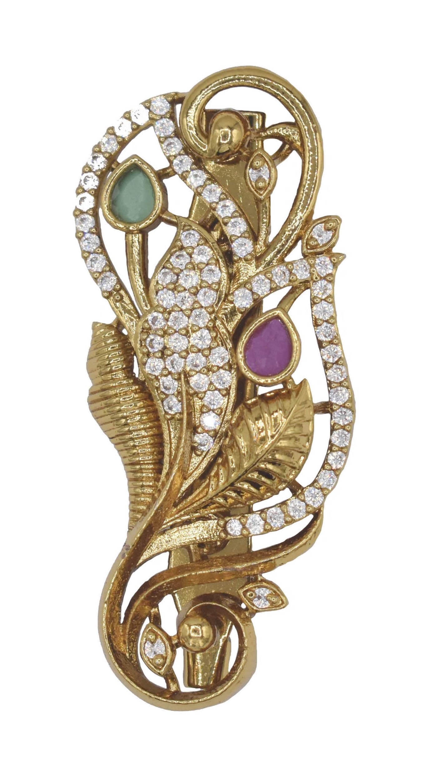 Peacock Design Saree Pin for Women & Girls Matte Gold-Plated Brooch with pink, Green, White Stones & Pearl Drop Traditional Ethnic Accessory-image-22
