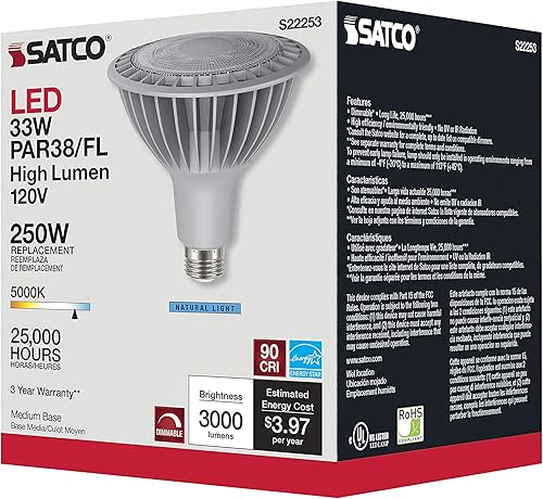 Miniatura 6 de Satco S22253 - Bombilla reflectora LED PAR38 de 33 vatios y 120 voltios de alto lúmenes; luz blanca natural de 5000 K; 500 lúmenes; base media E26;