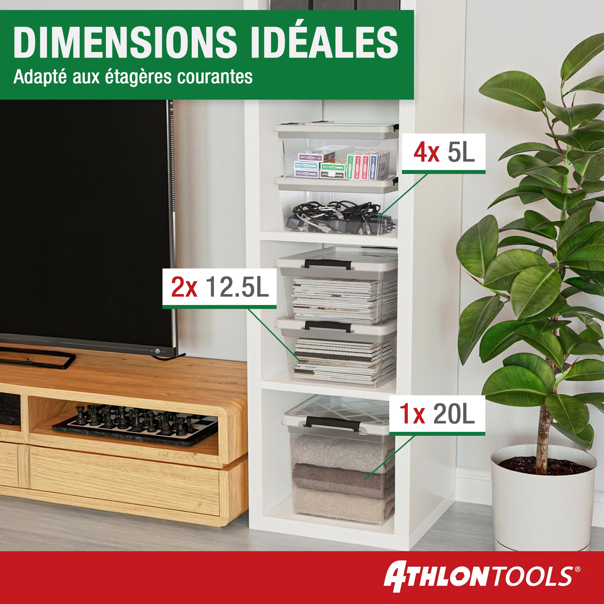 ATHLON TOOLS 4 boîtes de rangement de 12,5 l avec couvercle, de qualité alimentaire, clips de fermeture, 100% neuf, boîte en plastique transparente, boîtes à vêtements empilables