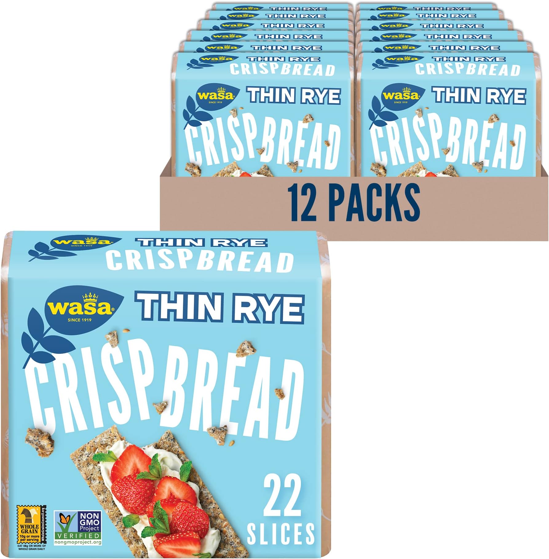 WASA Thin Rye Swedish Crispbread, 8.6 oz, Non-GMO Project Verified Rye Crackers, No Saturated Fat (0.5g Total Fat), 0g of Trans Fat, No Cholesterol, 100% Whole Grain (Pack of 12)