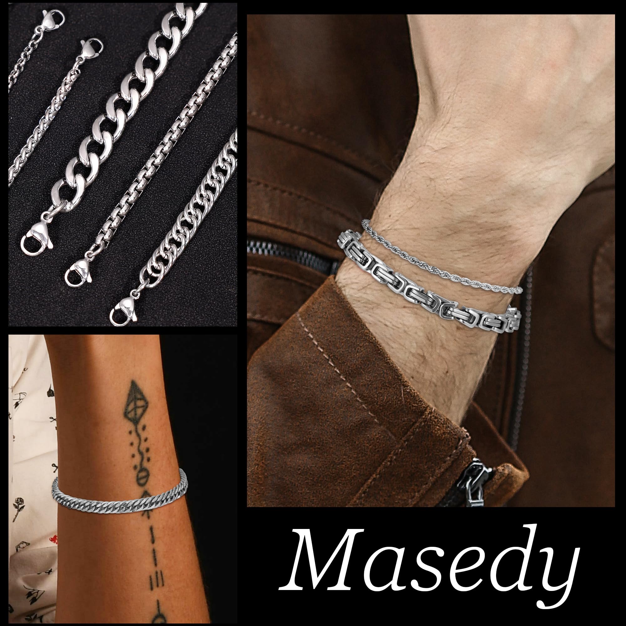 12 pulseras de cadena de eslabones cubanos de acero inoxidable para hombres y mujeres, cadena de cuerda fígaro dorada, juego de pulseras de cadena de eslabones cuadrados Rolo trenzadas de 7.5 6
