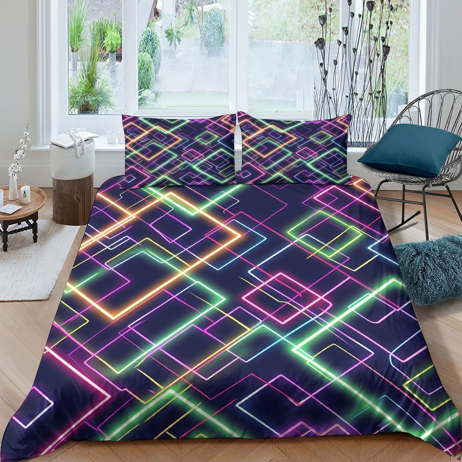 Ctjqhvkz Style-2 3D Printed Neon Geometric Fitted Sheet Microfiber Modern Retro Mattress Cover Bedroom Dorm Decorative Bedding Single（135X200cm）