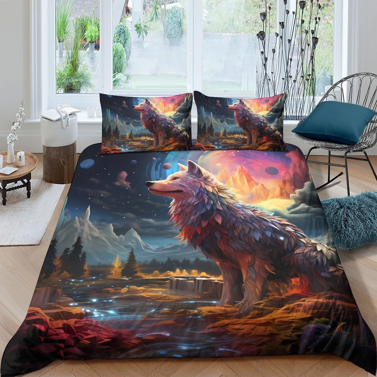 Ctjqhvkz Style-3 3D Printed Fantasy Wolf Fitted Sheet Microfiber Soft Breathable Fire Sky Mattress Cover For Bedroom Guestroom Decor Single（135X200cm）