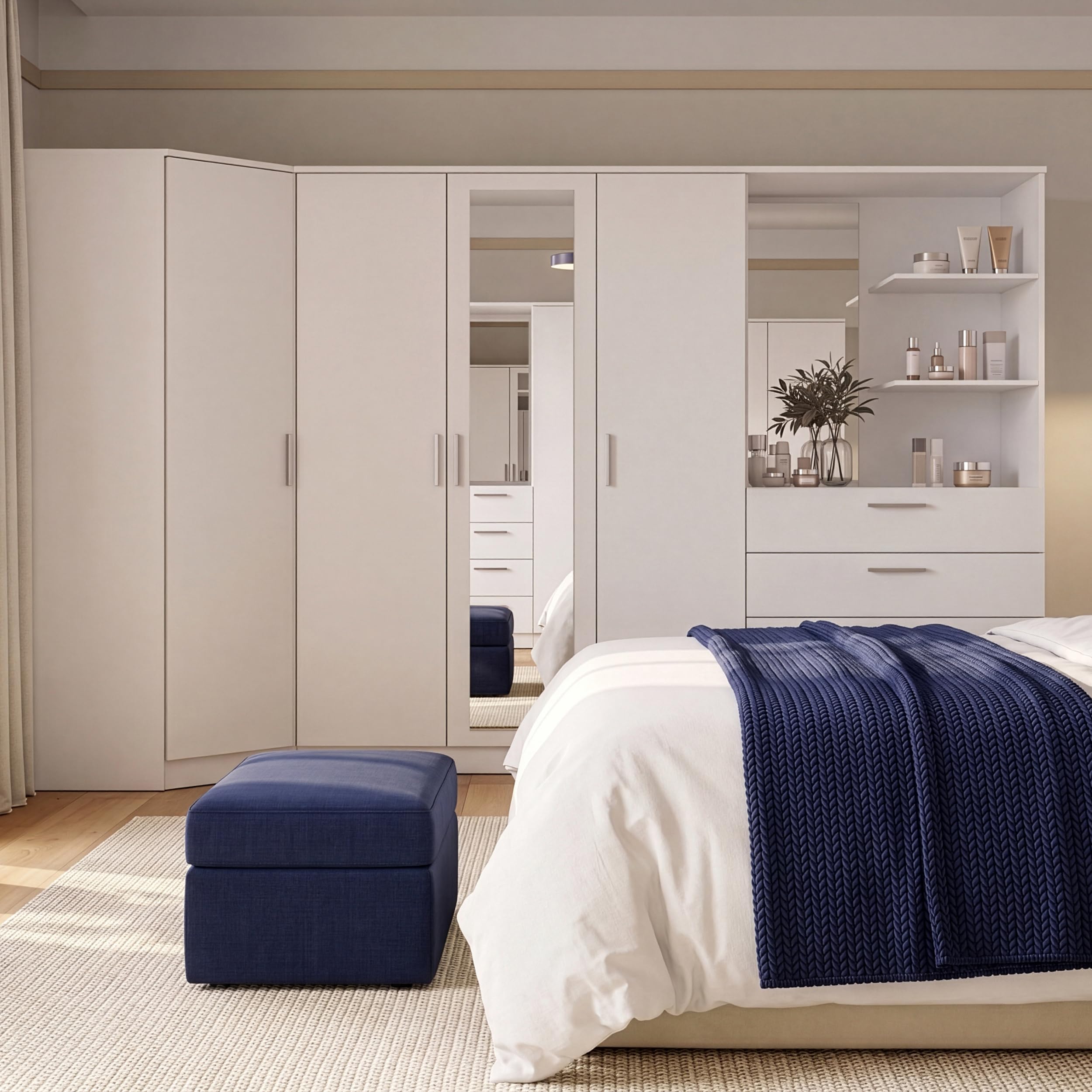 Forte Panama Kleiderschrank 200, modern-minimalistischer Kleiderschrank mit Regalkommode, 3-türig, 4 Schubladen, 2 Spiegel, Holzwerkstoff, Weiß, 199 cm breit x 181 cm hoch x 52,7 cm tief