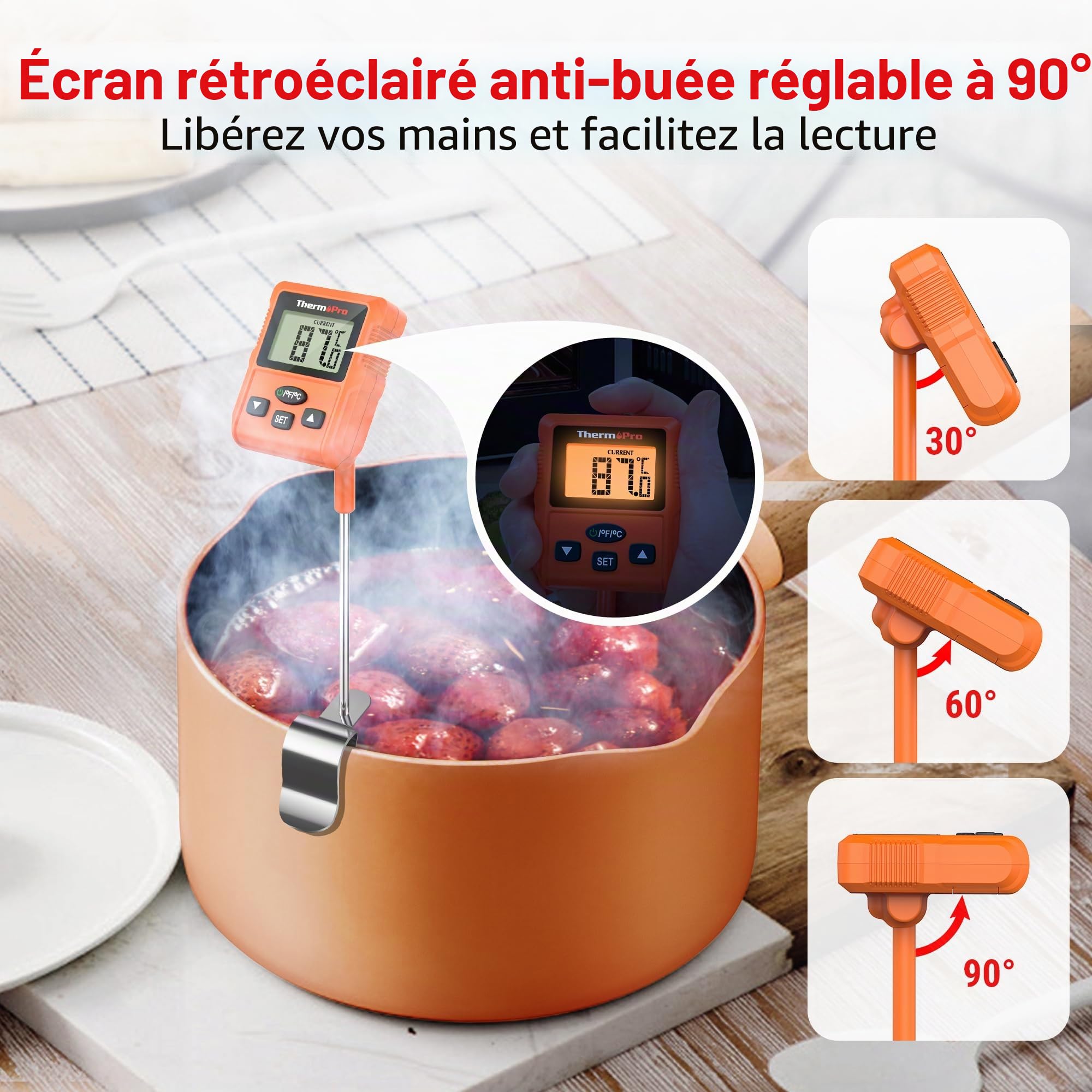 ThermoPro TP511 Thermomètre Numérique pour Bonbons avec Clip pour Pot, Thermomètre Alimentaire Programmable pour Viande avec Sonde Longue de 20cm pour Pâtisserie Grillade Bougie Huile Liquide Friture