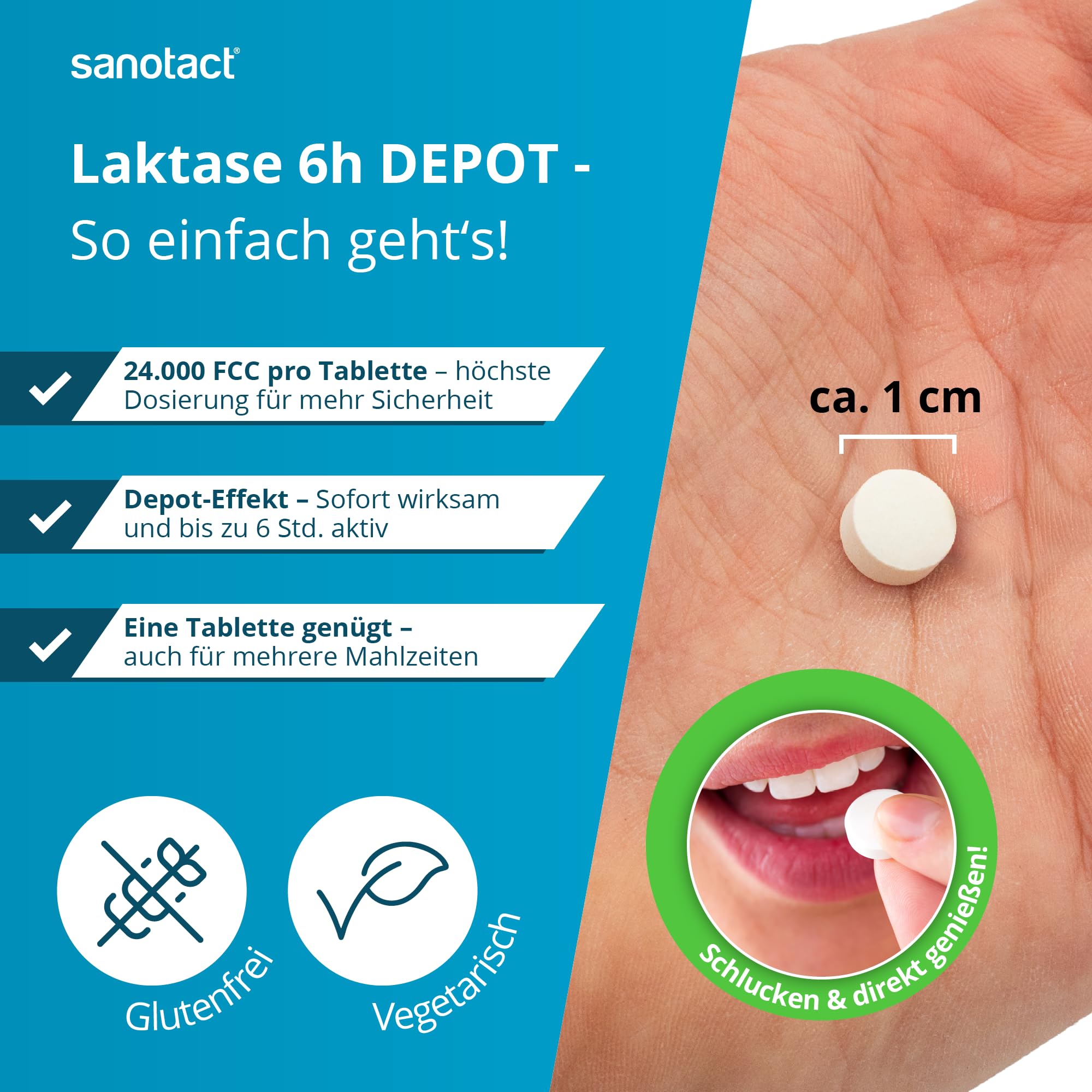 sanotact Laktase 24.000 6h DEPOT (40 Laktasetabletten) • Laktose Tabletten mit Depot-Wirkung • Bei Laktoseintoleranz & Milchunverträglichkeit • Sofortwirkung & 6h Langzeit-Depot
