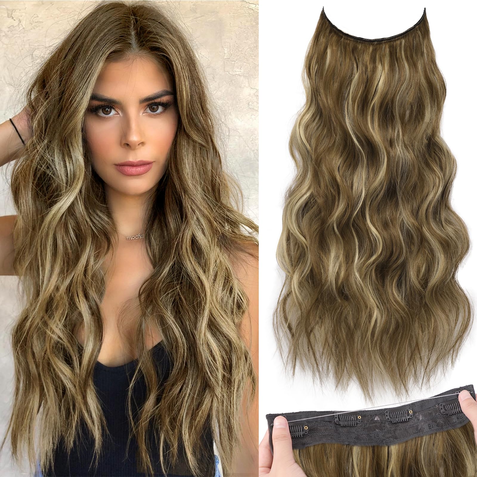 KooKaStyle Invisible Wire Hair Extensions with Transparent Headband Adjustable Size 4 Secure Clips Long Wavy Secret Wire Hairpiece 24 Inch for Women(