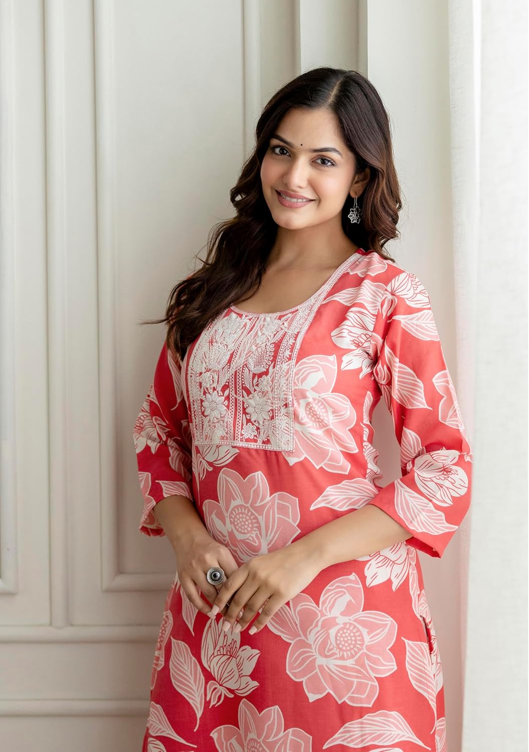 TRENDMALLS Women's Cotton Slub Magic Printed Kurta Pant Embroidery Neck Work Kurta Set (E63-Pink-S)