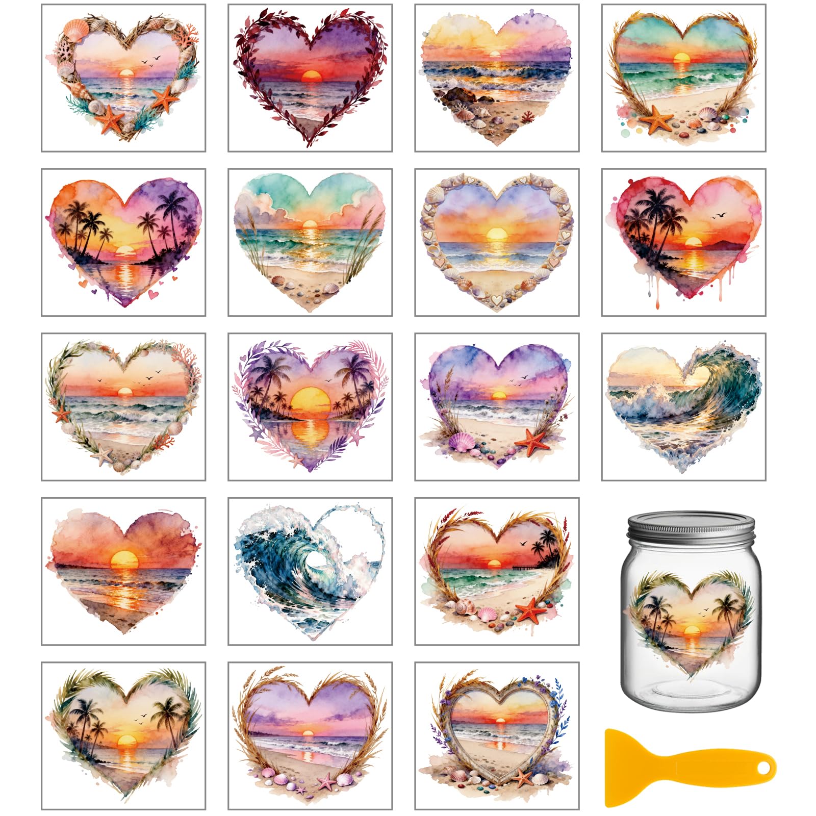 GLOBLELAND 18 Sheets Heart Summer Beach Rub on Transfers Sunset Beach Transfer Stickers Decals Watercolor Ocean Waves Cup Wraps Stickers Decals for Furniture Vase Glass Bottle Table Decor