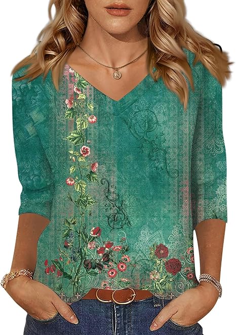 HTHLVMD Womens 3/4 Length Sleeve Tunic Tops Summer Fall Outfits 2025 Three Quarter Sleeve Casual V Neck T Shirts for Women