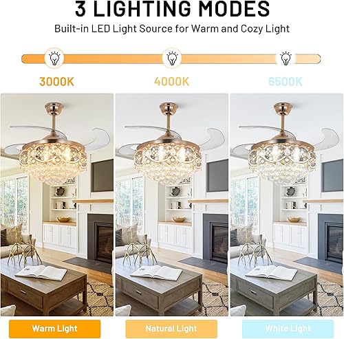 Miniatura 3 de Ventilador de techo de cristal de 42 pulgadas con luz y control remoto, candelabro retráctil dorado moderno de lujo, ventiladores de techo con 3