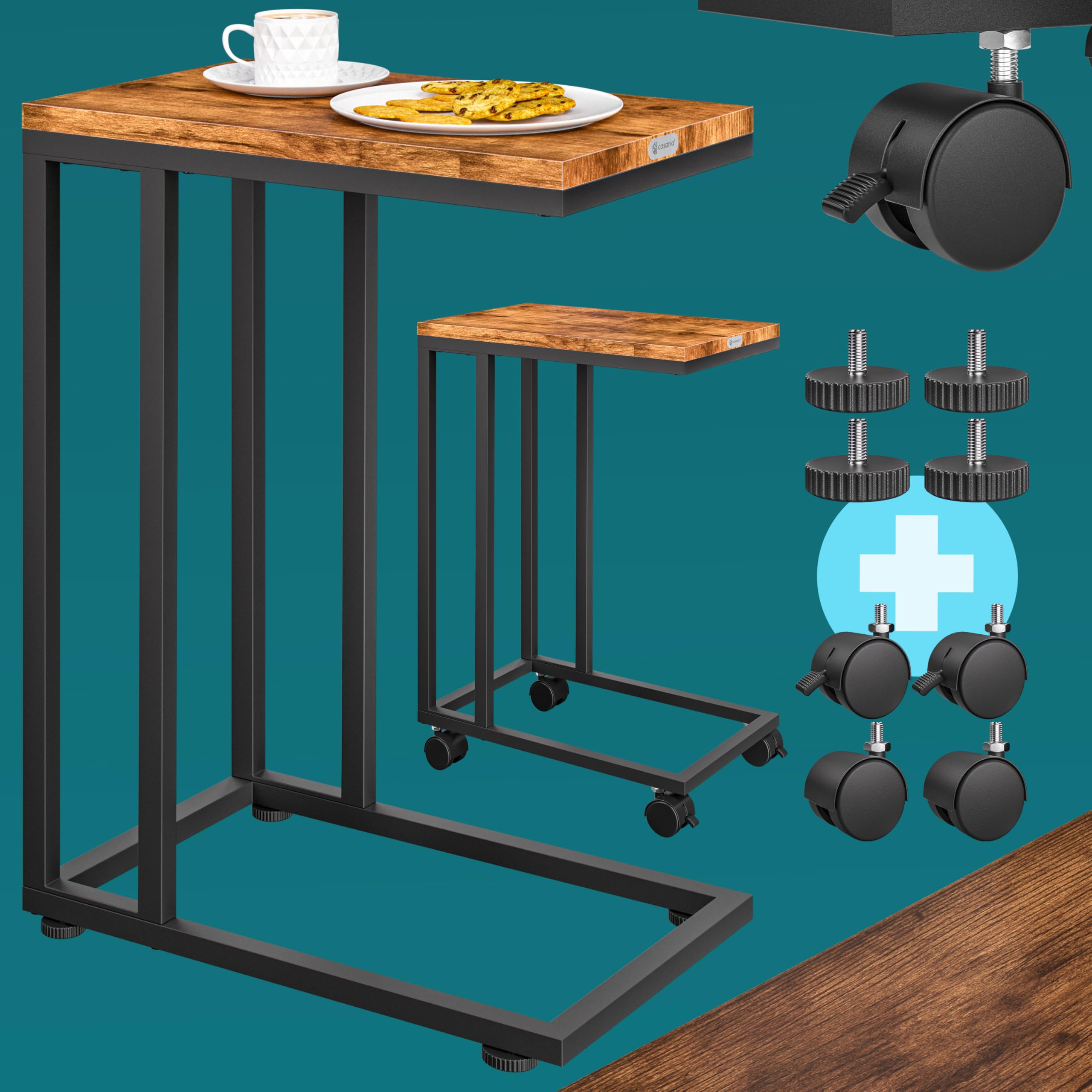 Casaria® Table d'appoint Bout de canapé avec roulettes Cadre en métal Noir Desserte de lit Support Ordinateur Portable pour Salon Bureau Chambre