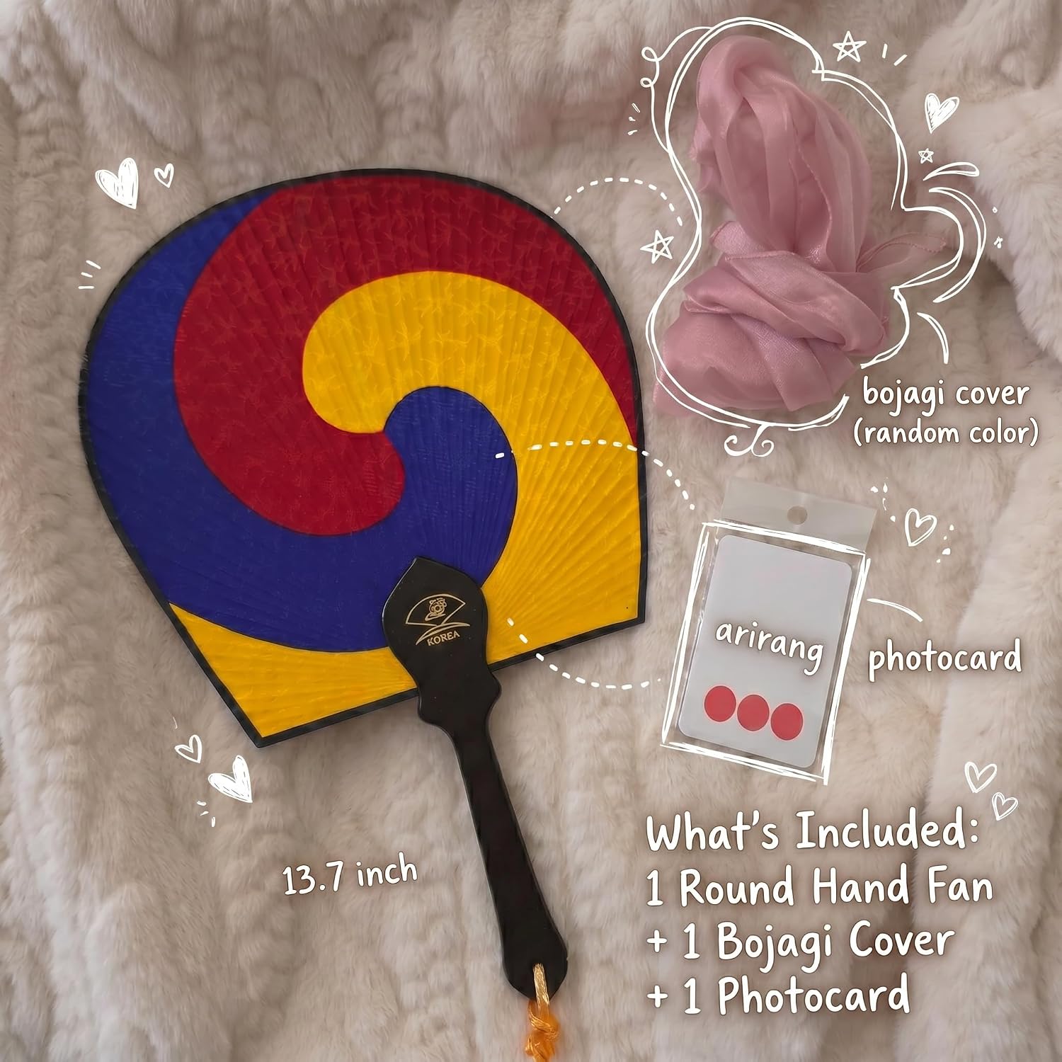 KPOP MV 2.0 Props for B.T.S fans Korean Traditional Silk Taeguk Hand Fan - 1 Hand Fan + 1 Bojagi Cover + 1 Photocard, Handcrafted in Korea (Original 11inch / Medium 13.7inch)(Medium 13.7 Inch)